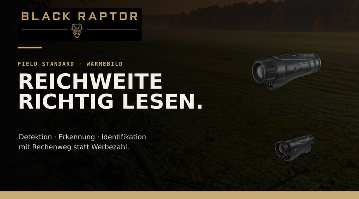 Zwei Wärmebild-Handgeräte im Größenvergleich vor einem Feldrand, Titelgrafik zur Einordnung von Detektion, Erkennung und Identifikation