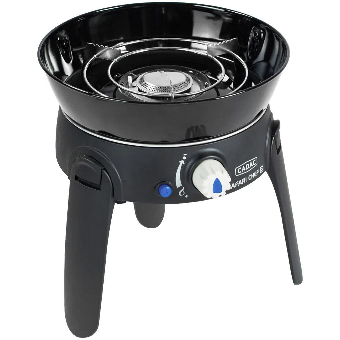Kleiner runder Gasgrill in schwarzer Lackierung mit drei Standbeinen, sichtbarer Brenner und Einstellknopf; CADAC Safari Chef 2 Logo