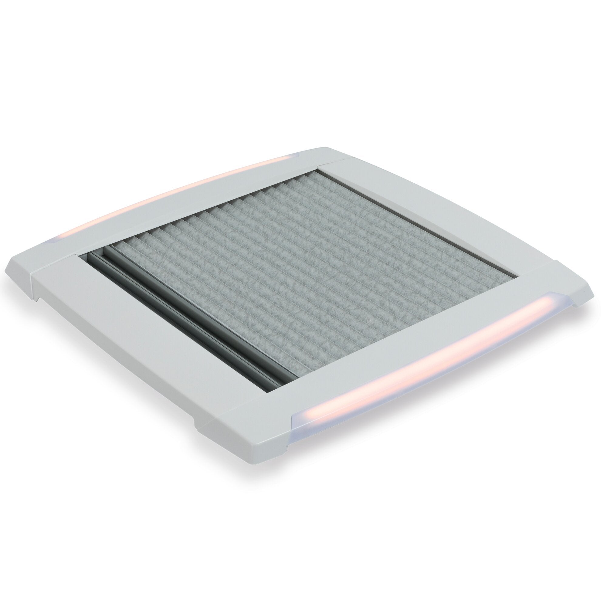 Weißer Innenrahmen in Signalweiß mit integrierter LED-Beleuchtung für Dachhauben, Abmessungen 400 x 400 mm, sichtbarer Diffusor mit gerippter Oberfläche