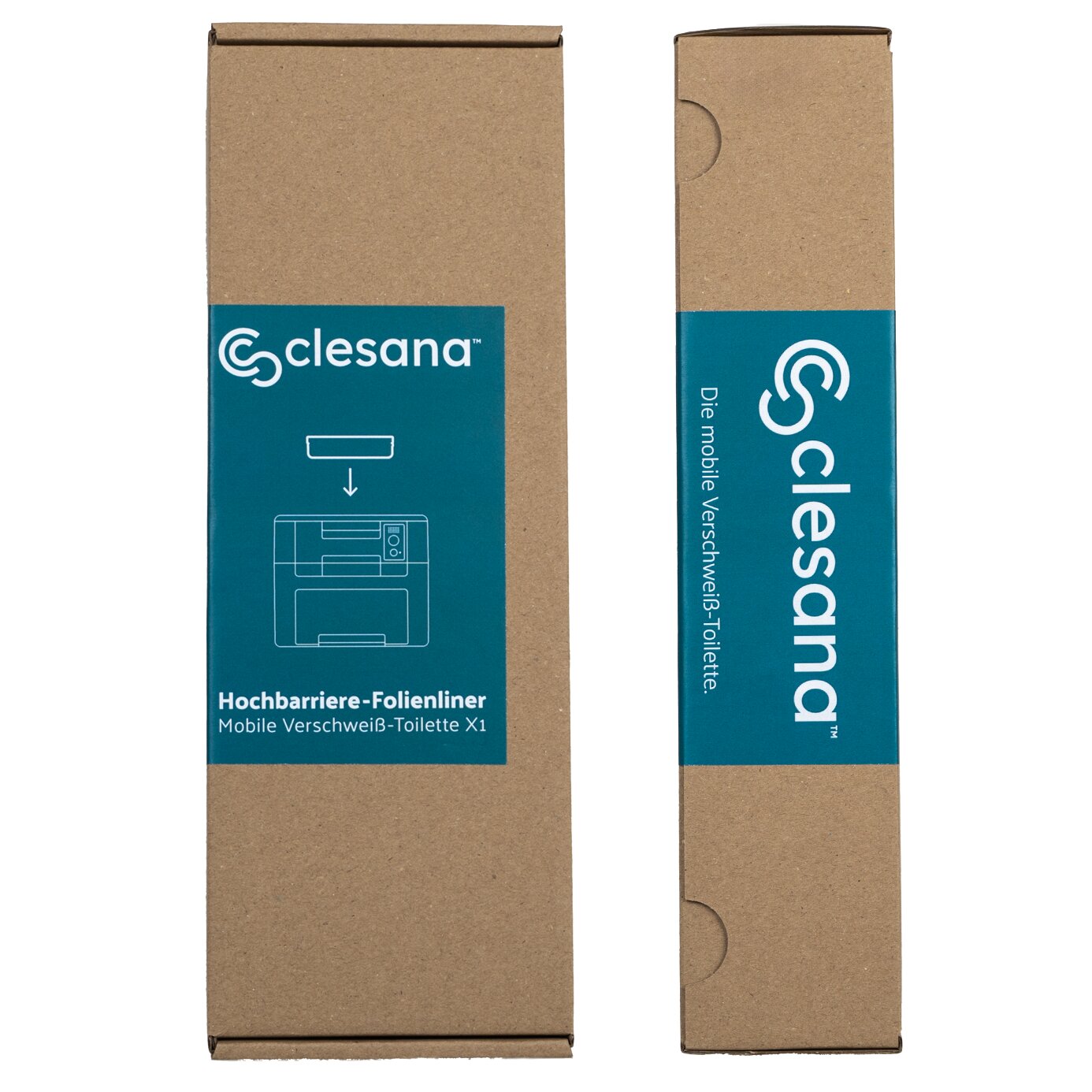 Zwei braune Verpackungen mit türkisblauen Etiketten, clesana-Logo und Bezeichnung Hochbarriere-Folienliner Mobile Verschweiß-Toilette X1, Skizze eines Geräts