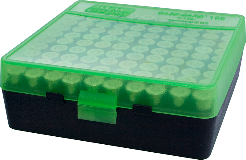 MTM CASE-GARD P-100-9-16T Patronenbox für 100 Patronen, transparent grün/schwarz