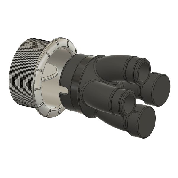 Warmluft-Adapter aus dunklem Kunststoff mit drei runden Anschlüssen; links ist ein silberner Metallring mit Gewinde sichtbar