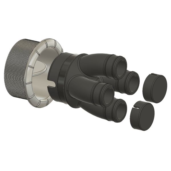 Warmluft-Adapter aus schwarzem Kunststoff mit drei Anschlussrohren, linker silberner Metall-Gewinde-Ring und zwei abnehmbare Endkappen rechts