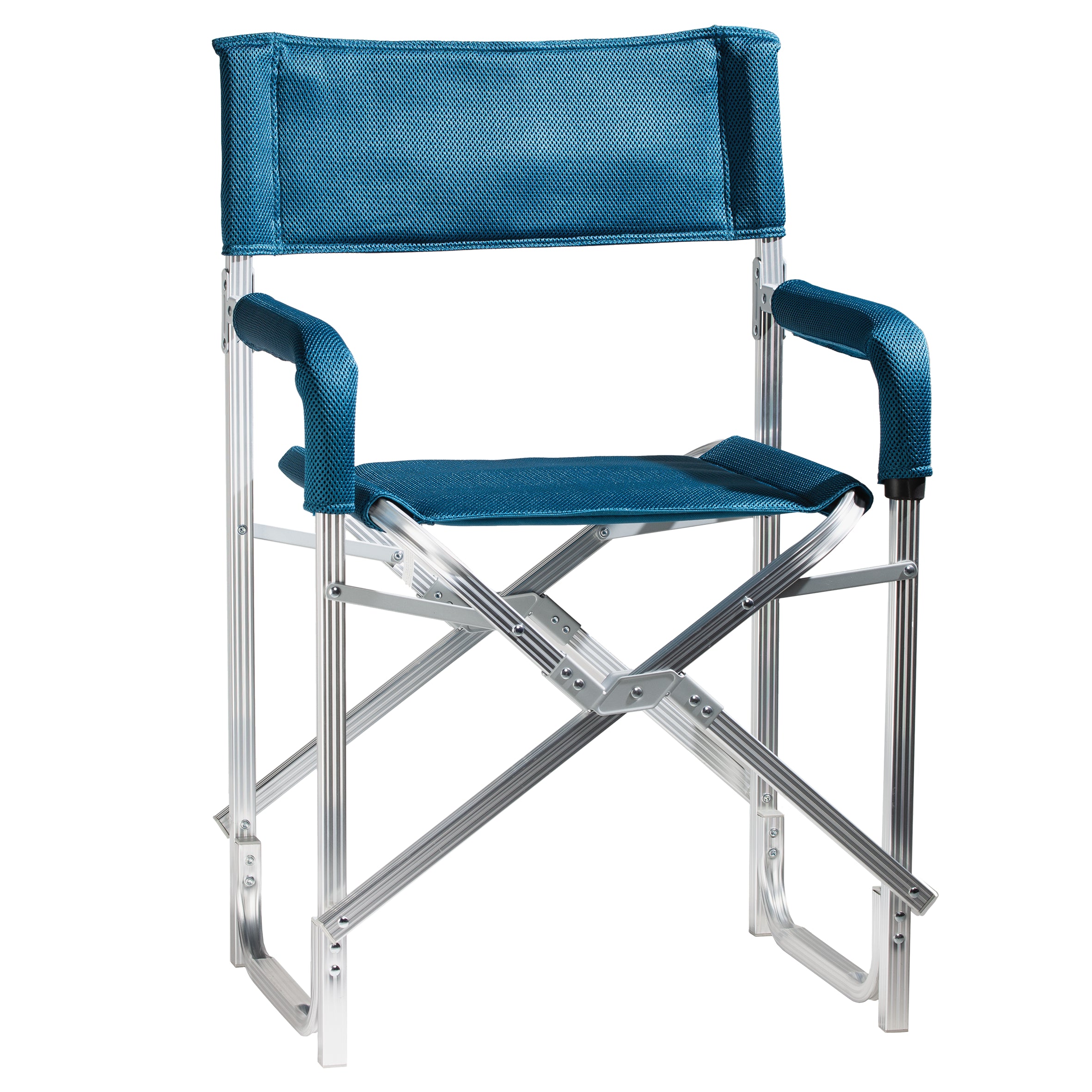 Blauer Regiestuhl Commander (InterCaravaning Edition) mit Mesh-Bezug, silbernem Aluminiumrahmen und Kreuzverstrebung, Nahaufnahme Rückenlehne und Armlehnen