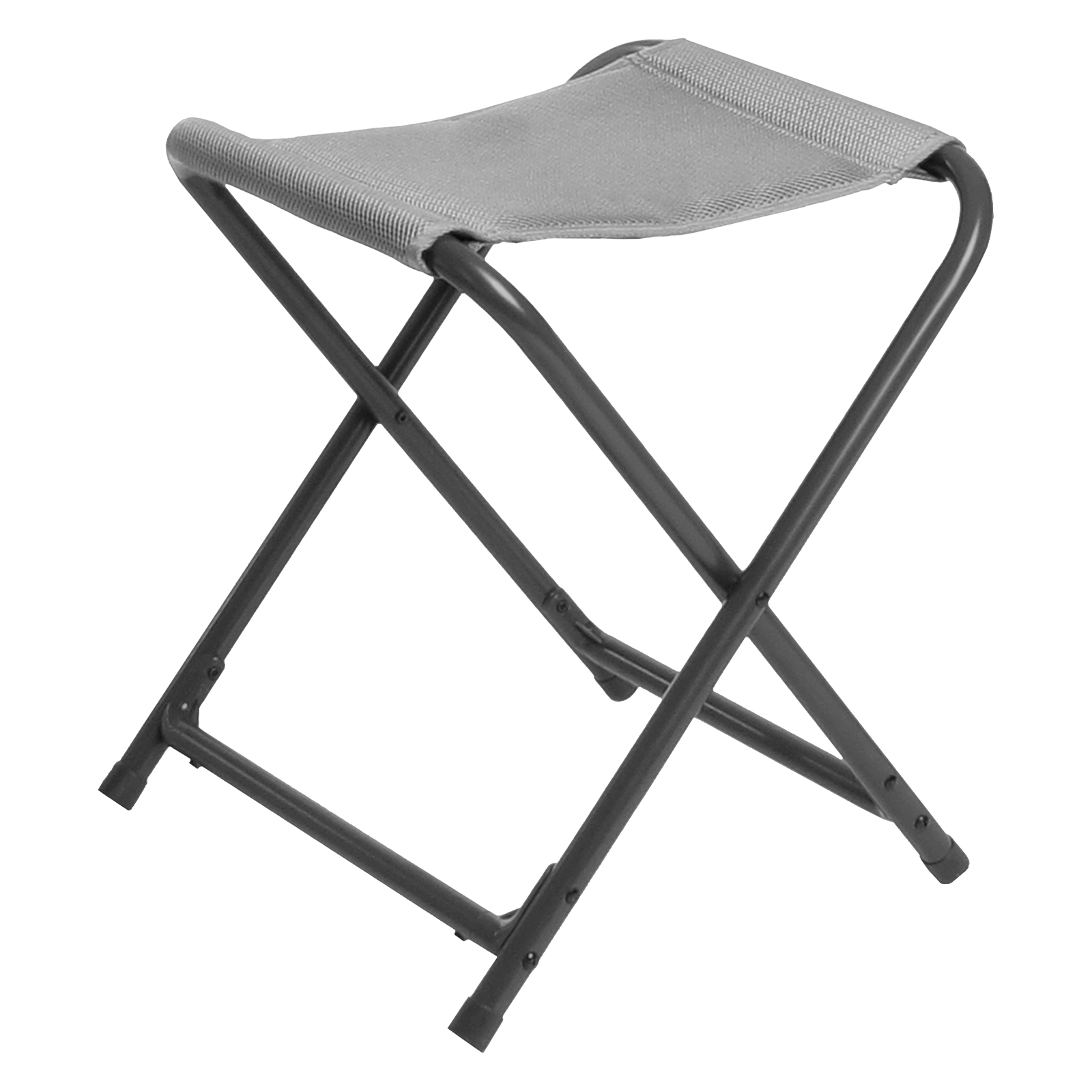 Faltbarer Hocker mit grauem gewebten Sitz, schwarzem Metallrahmen in X-Form und sichtbaren Nähten an der Sitzkante