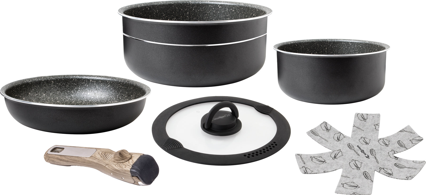 Pirate Spacemaster Topf-Set mit drei schwarzen Töpfen mit speckled Innenbeschichtung, Pfanne, Deckel und grauem Topflappen
