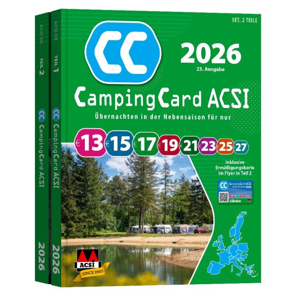 Grüne Verpackung des CampingCard ACSI Set 2 Teile, 2026; CC-Logo, bunte Kreise 13 15 17 19 21 23 25 27, Seenlandschaft mit Zelten