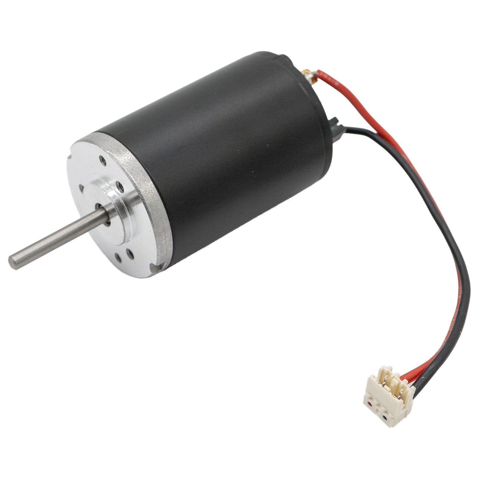 Gleichstrommotor mit schwarzem Gehäuse, silberner Frontplatte und Wellenstummel, rote und schwarze Anschlusskabel mit weißem Stecker