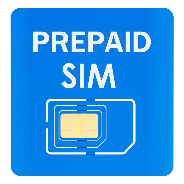 Blaues quadratisches Schild mit abgerundeten Ecken, weiße Schrift PREPAID SIM und stilisiertes SIM-Karten-Symbol mit goldenem Chip