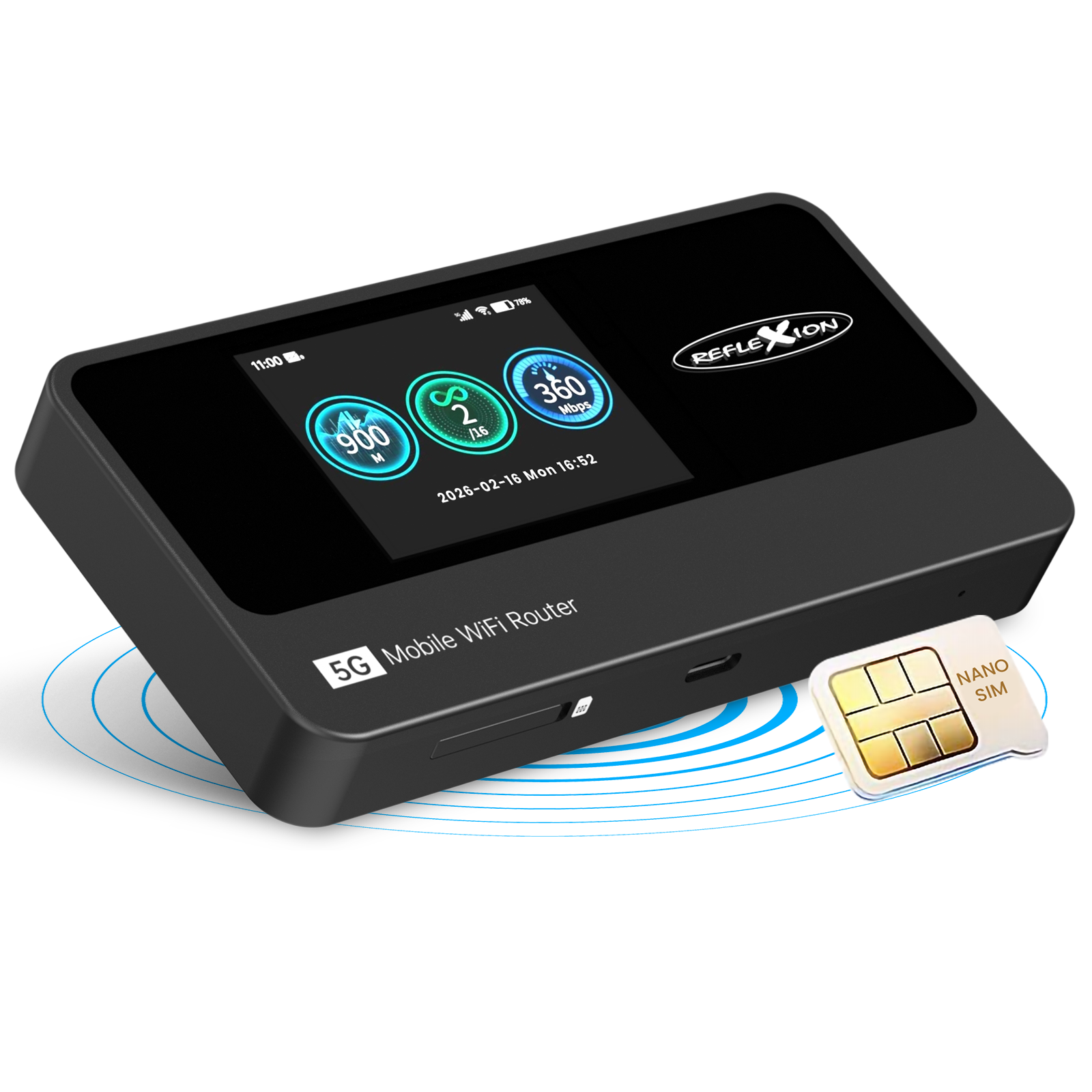 Schwarzer Reflexion 5G connect Router mit Touchscreen, der drei runde Messanzeigen zeigt, daneben Nano-SIM-Karte und blaue WLAN-Signale