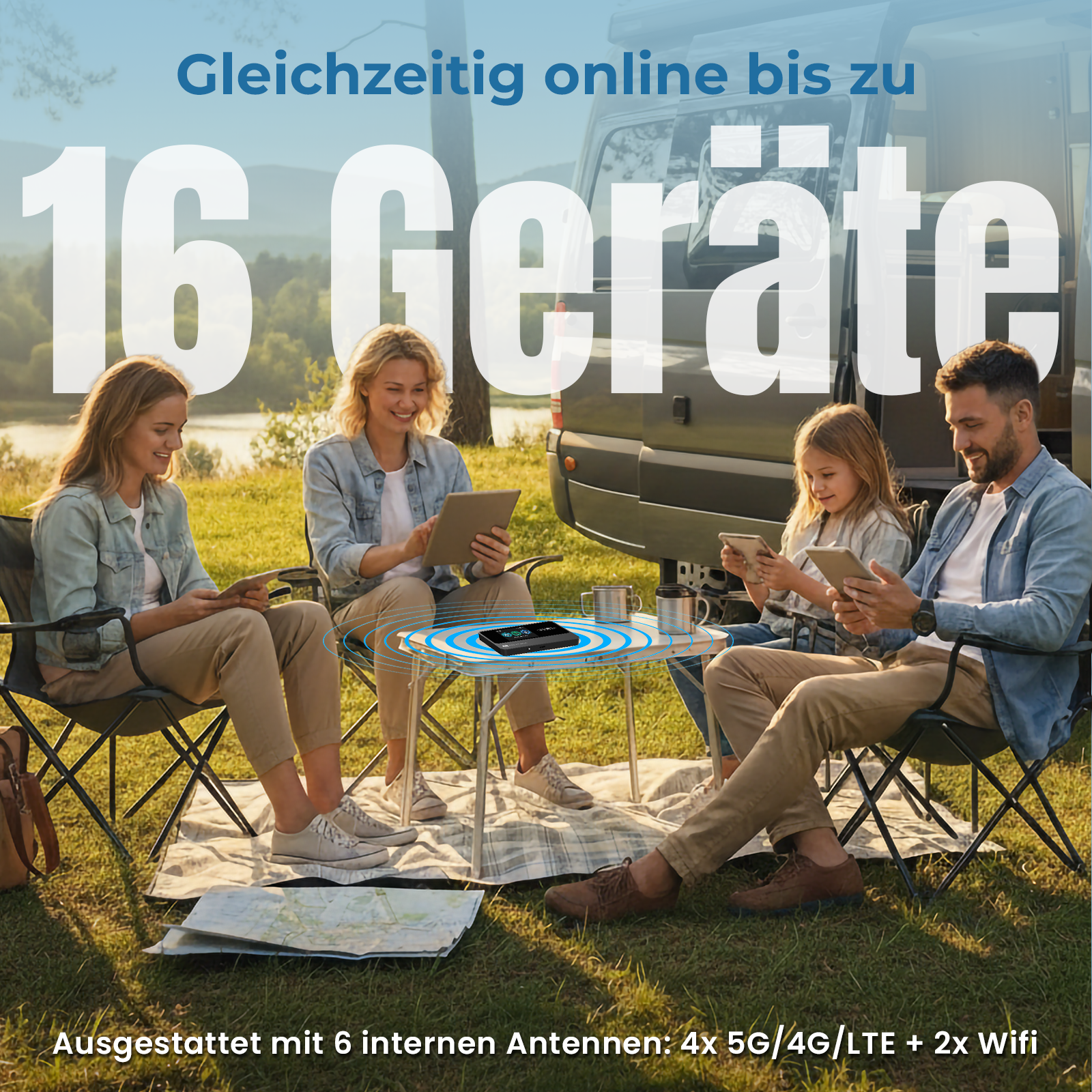 Vier Personen sitzen draußen vor einem Wohnmobil und arbeiten mit Tablets und Smartphones; auf dem Tisch liegt ein kompakter Router, der WLAN-Signale ausstrahlt