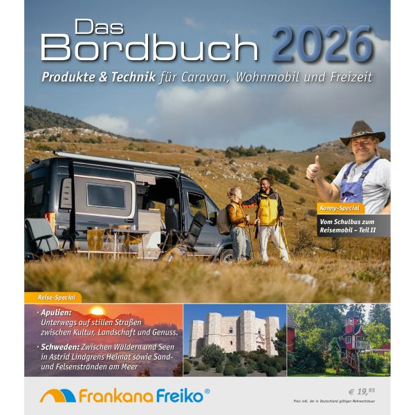 Cover des Bordbuchs 2026 von Frankana Freiko: Wohnmobil auf einer offenen Wiese, drei Personen daneben, unten Bilder von Reisezielen und das Logo
