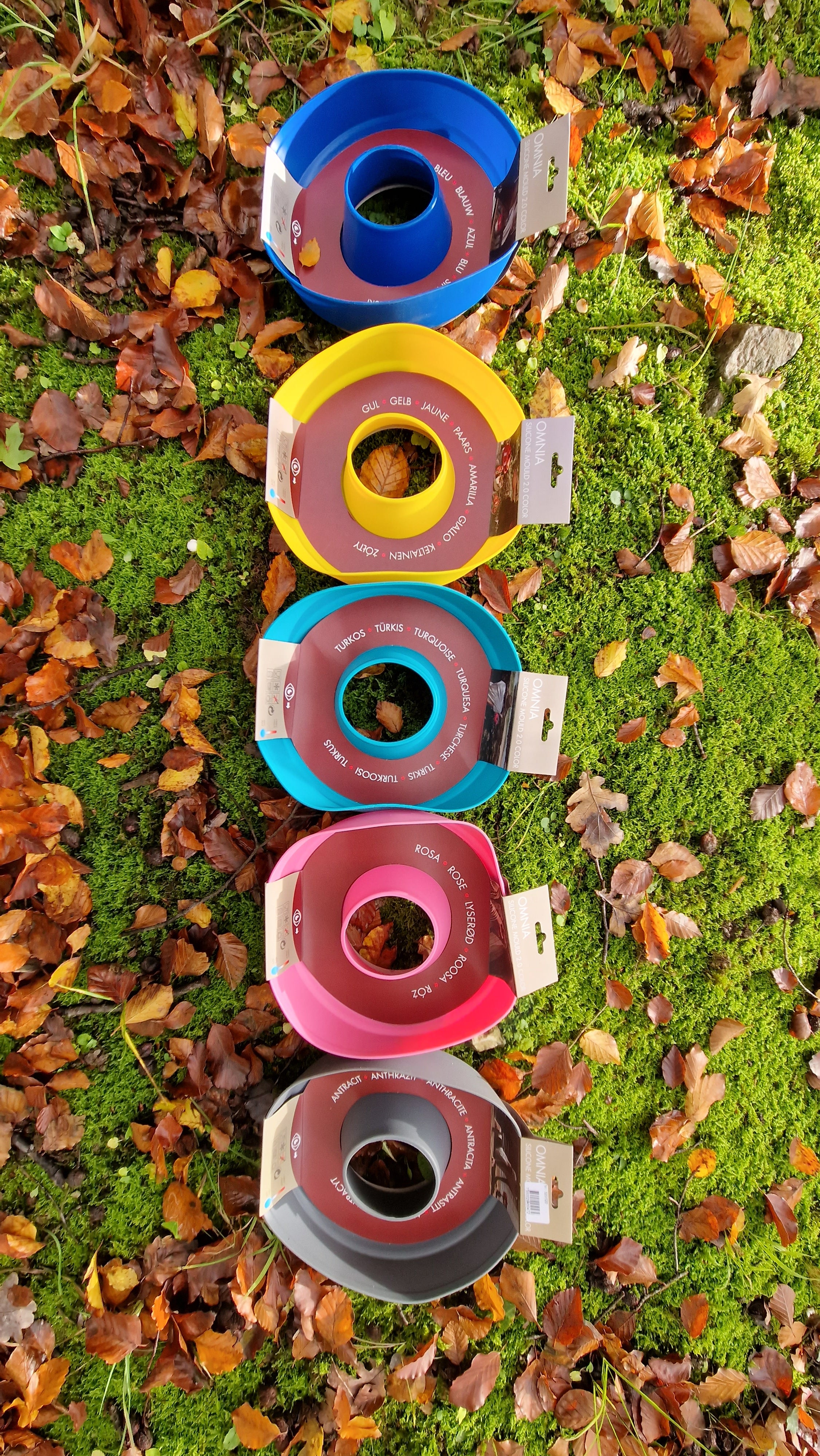 Mehrfarbige runde Silikonformen mit zentralem Loch, blau, gelb, türkis, pink, liegen auf Moos und Herbstlaub im Freien