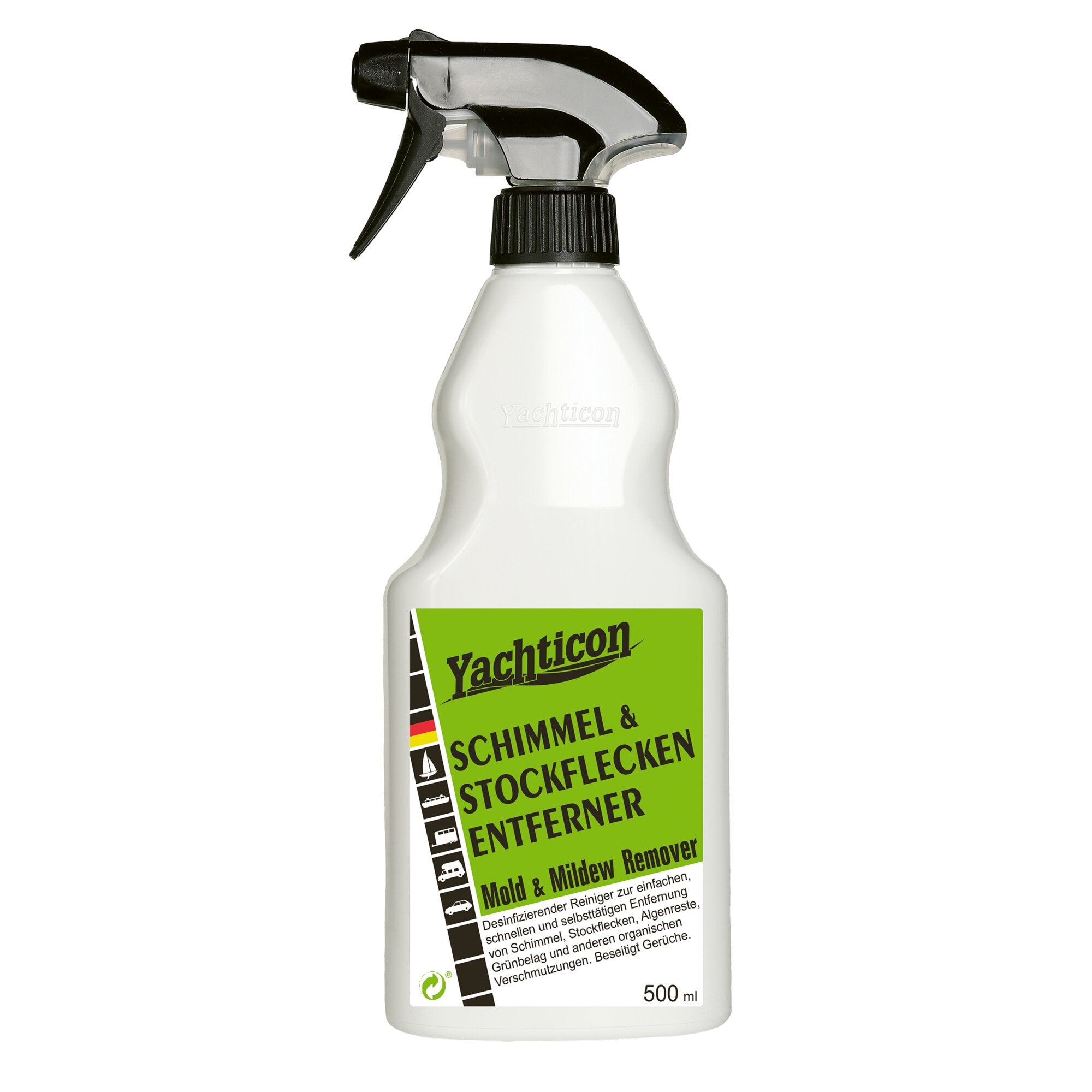Weiße Sprühflasche mit schwarzem Sprühkopf und grünem Etikett, sichtbar mit der Aufschrift Yachticon Schimmel- und Stockfleckenentferner