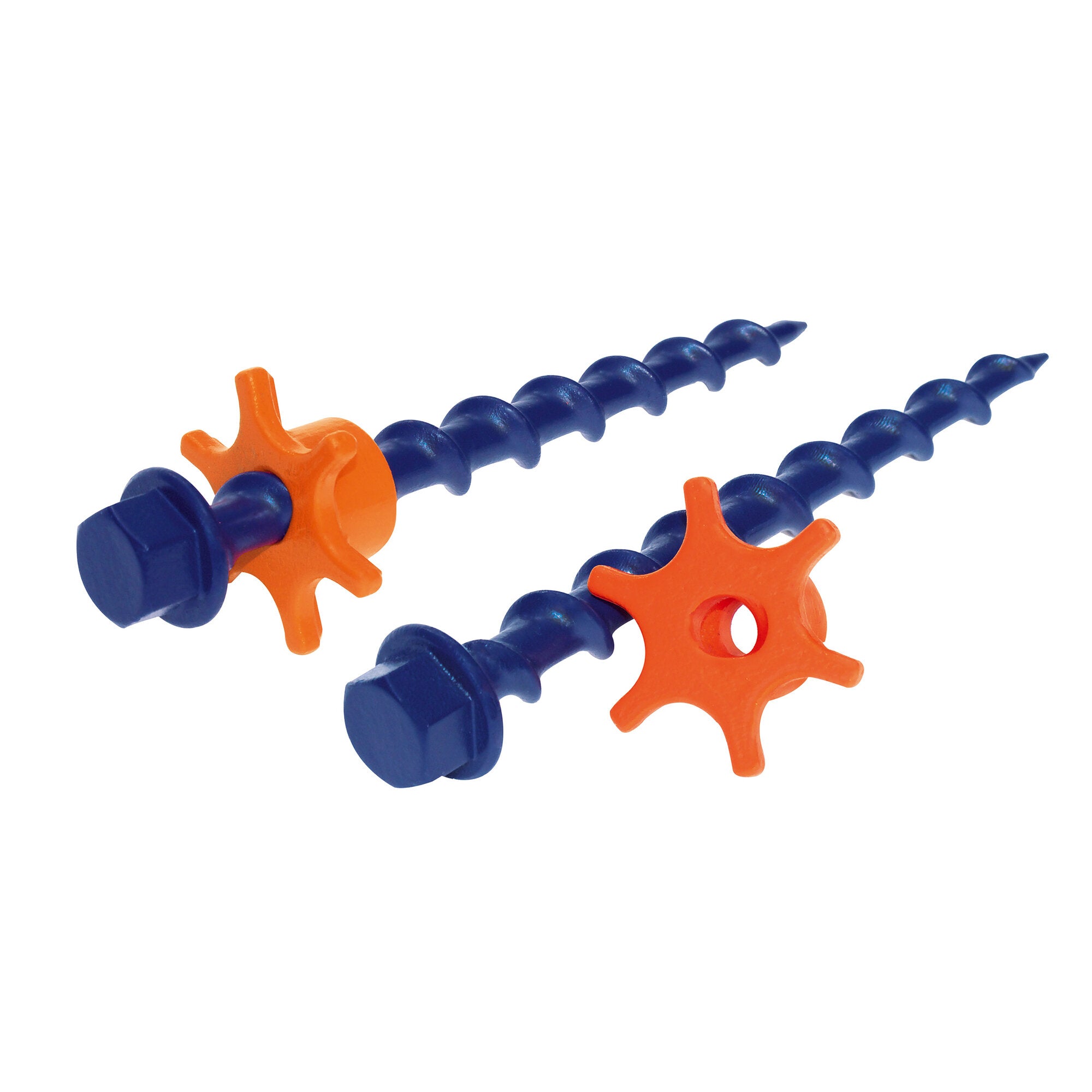 Nahaufnahme mehrerer blauer, spiralförmiger Bauteile mit orangefarbenen Verbindungsstücken aus Kunststoff