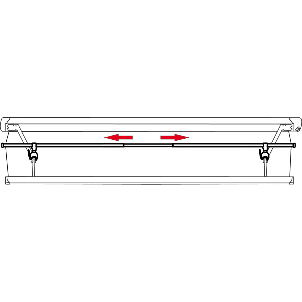 Diagramm einer langen Querstange Magicrafter 450 mit Endhaltern und zwei Griffen; rote Pfeile zeigen Verschiebbarkeit nach links und rechts