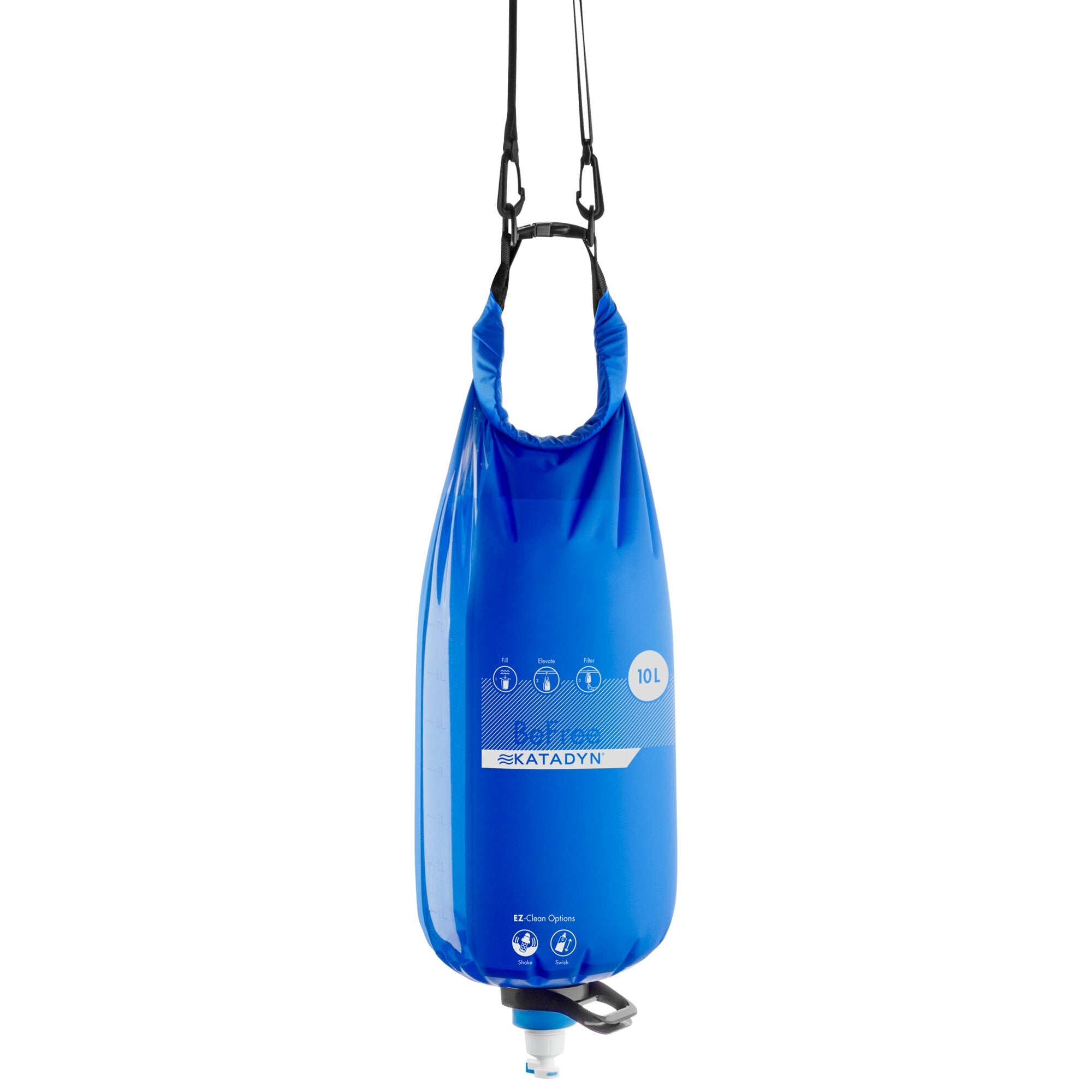 Blaues BeFree Wasserfiltersystem, 10 L, mit schwarzen Tragriemen und Halteklammern oben, unten weißer Anschluss, Katadyn Logo sichtbar