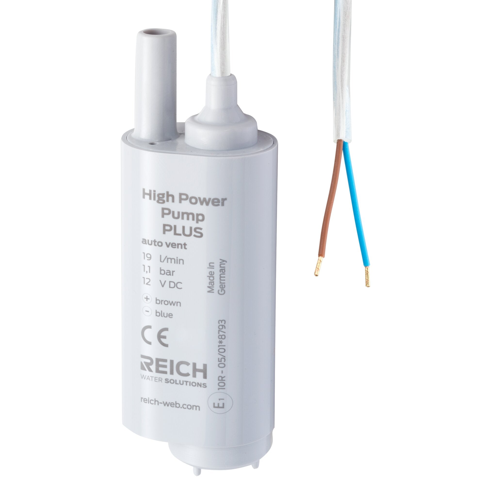 Weiße Tauchpumpe mit braunem und blauem Kabelanschluss, seitlich sichtbare Beschriftung High Power Pump PLUS Made in Germany