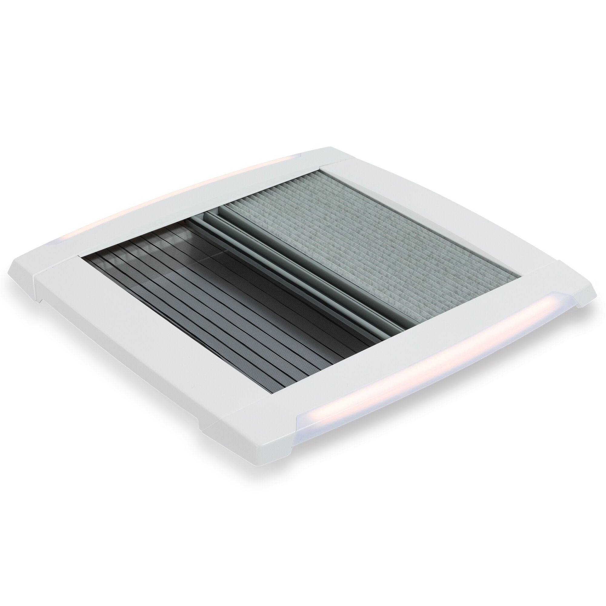 Signalweißes Innenrahmenprofil MPK Dachhauben LED, rechteckig 400 × 400 mm, sichtbares graues Luftgitter im Innenbereich