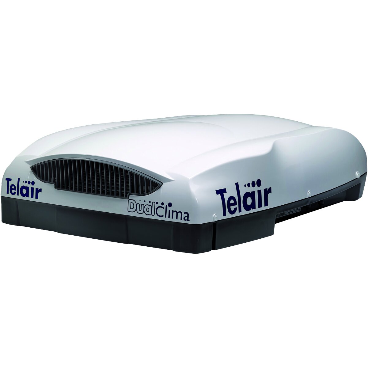 Weiße Dachklimaanlage mit schwarzer Unterseite, frontalem Lüftungsgitter, seitlich sichtbare Telair-Logos und DualClima-Schriftzug