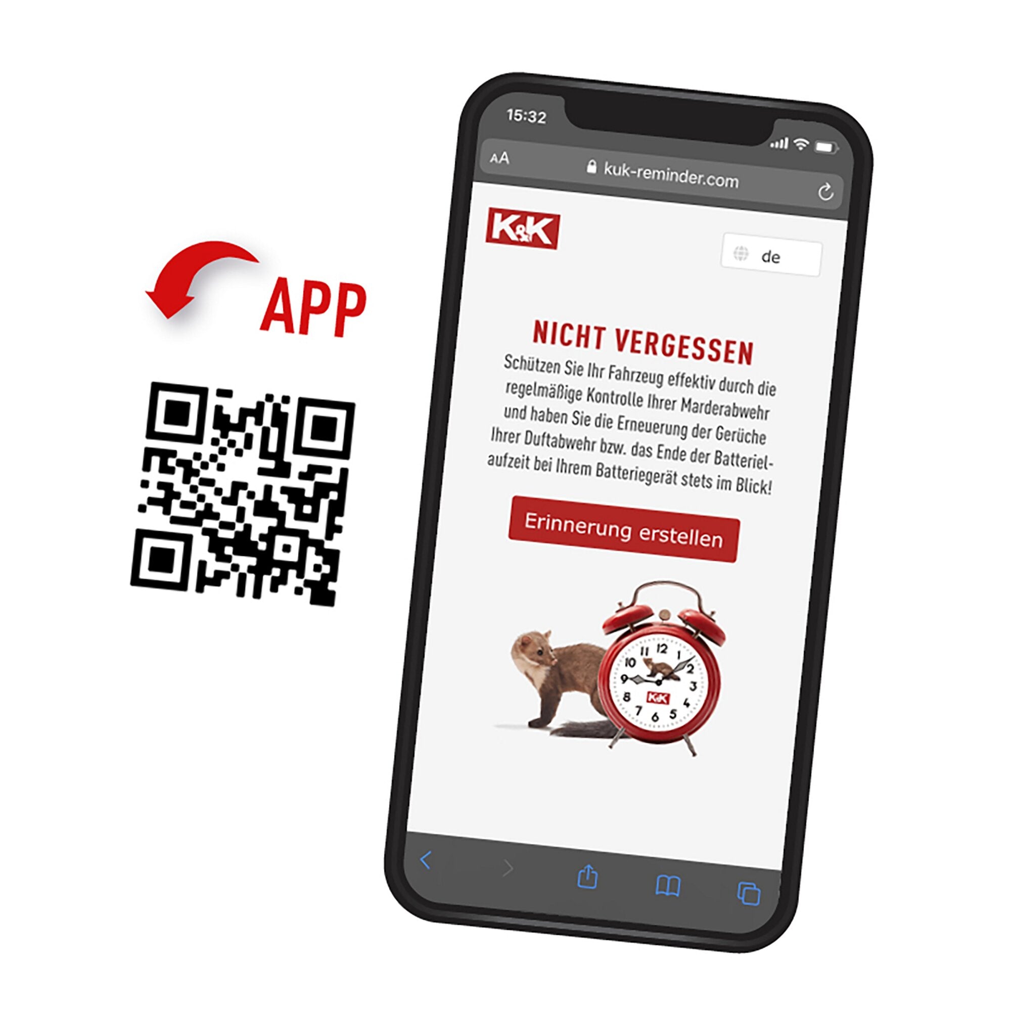 Smartphone zeigt Webseite mit K&K-Logo, NICHT VERGESSEN und rotem Button Erinnerung erstellen; QR-Code links, Hamster neben roter Weckeruhr rechts unten