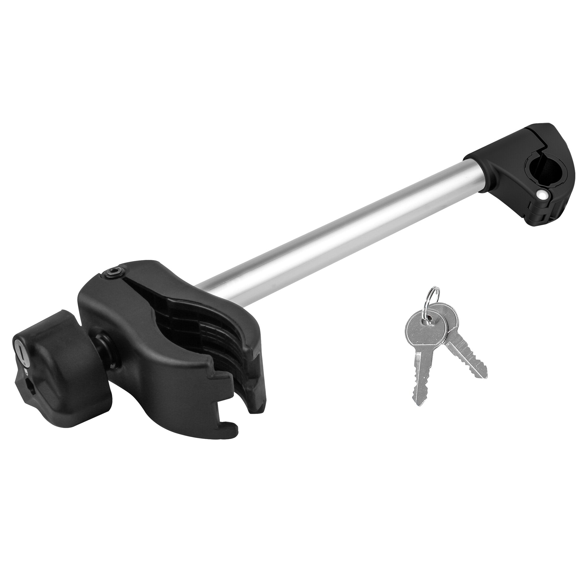 Befestigungskralle Standard, 43 cm, mit schwarzen Kunststoffendstücken an einer silbernen Metallstange; Schlüssel liegen daneben