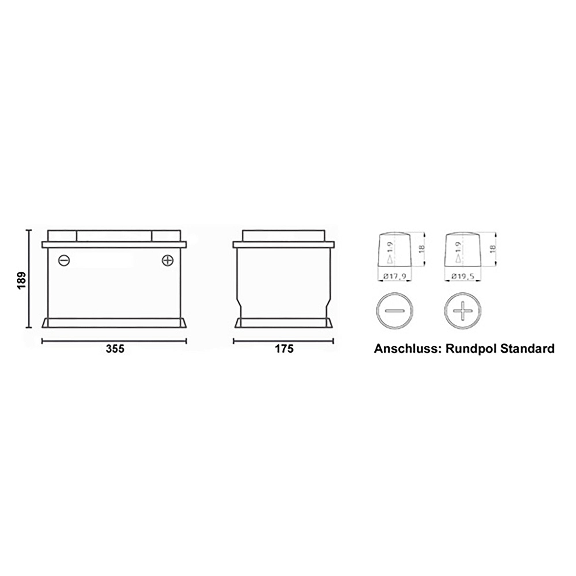 Technische Zeichnung zweier nebeneinander stehender Lithiumbatterien Polar 185 Ah mit Breiten 355 mm und 175 mm, Plus- und Minusanschlüssen, Rundpol Standard