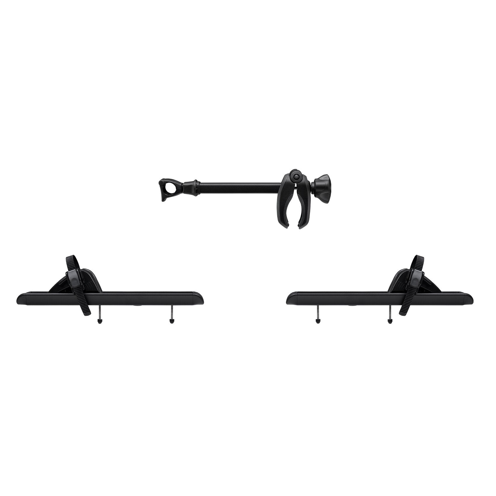 Schwarzes Erweiterungs-Set für Thule Caravan Superb Standard mit Stange, Klemme, Drehknopf und zwei Querträgern mit Befestigungsgurten