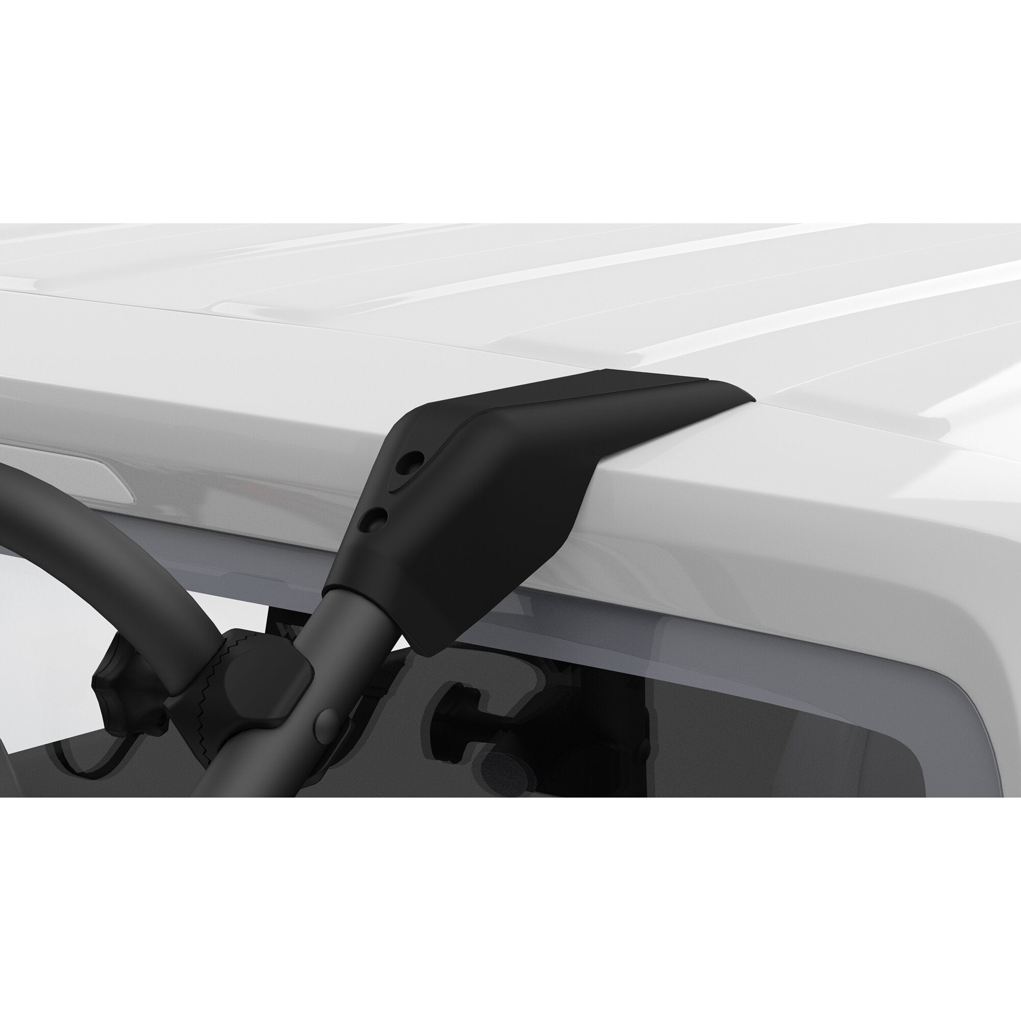 Nahaufnahme eines Carry-Bike VW T5 Pro Deep Black Fahrradträgers am Autodach eines weißen Fahrzeugs; sichtbare schwarze Tragarmkonstruktion mit Verstellrad und Befestigungselementen
