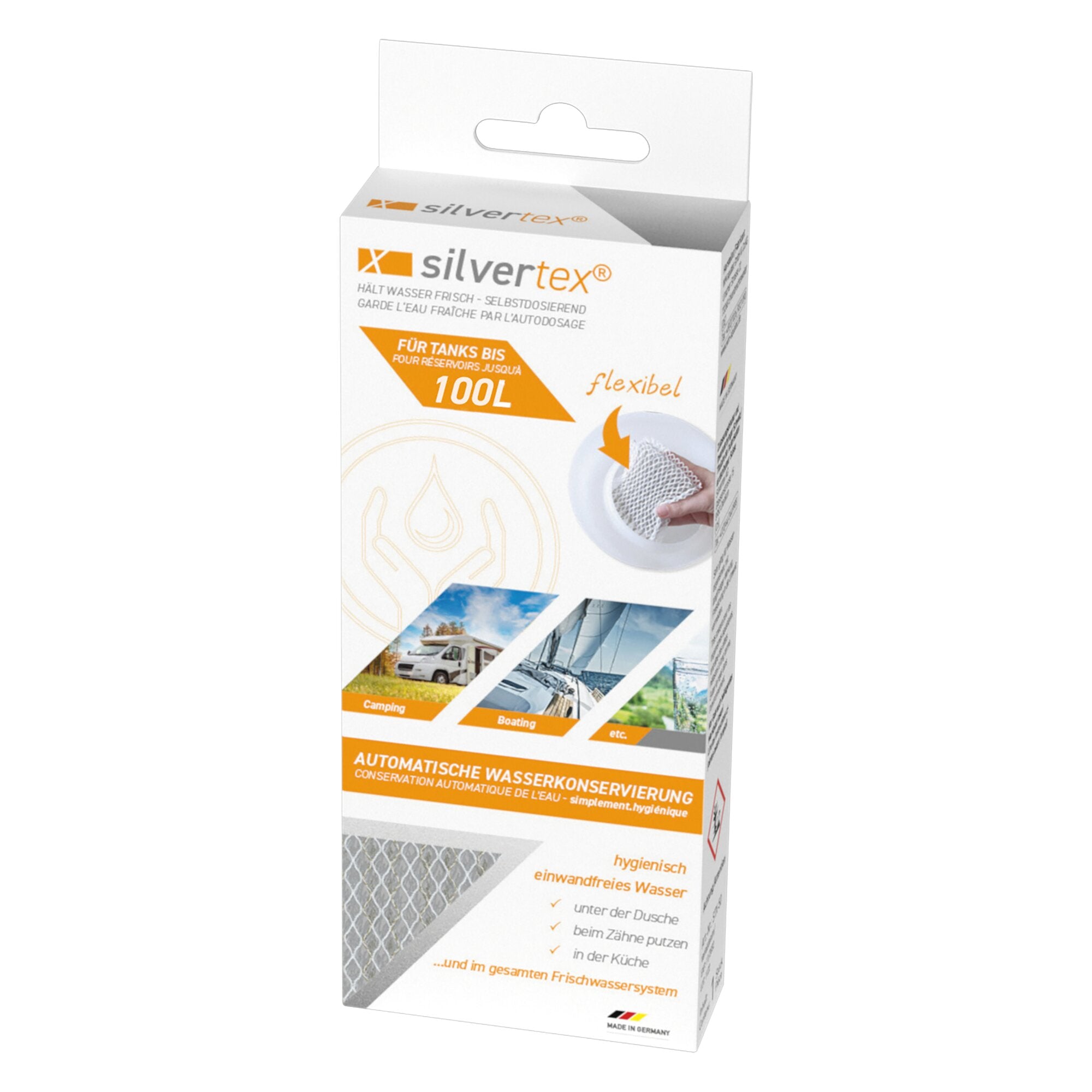 Weiße Kartonverpackung mit aufgeklapptem Deckel und silvertex Logo in Grau-Orange, 100 L Hinweis, Bilder von Camping- und Bootszenen