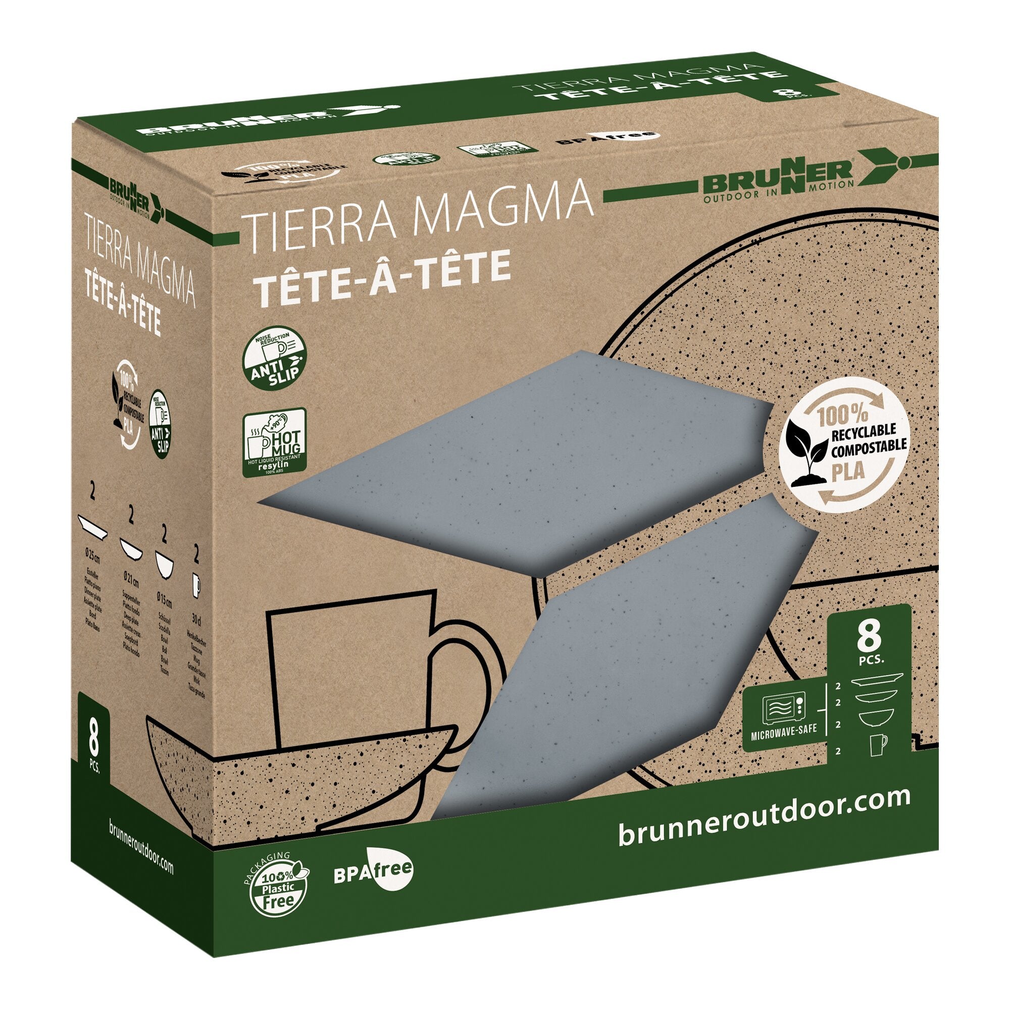 Verpackung eines 8-teiligen Tierra Magma Tête-à-Tête Geschirrsets von Brunner, Kartonoptik mit grünen Akzenten und grauem Geschirrteil