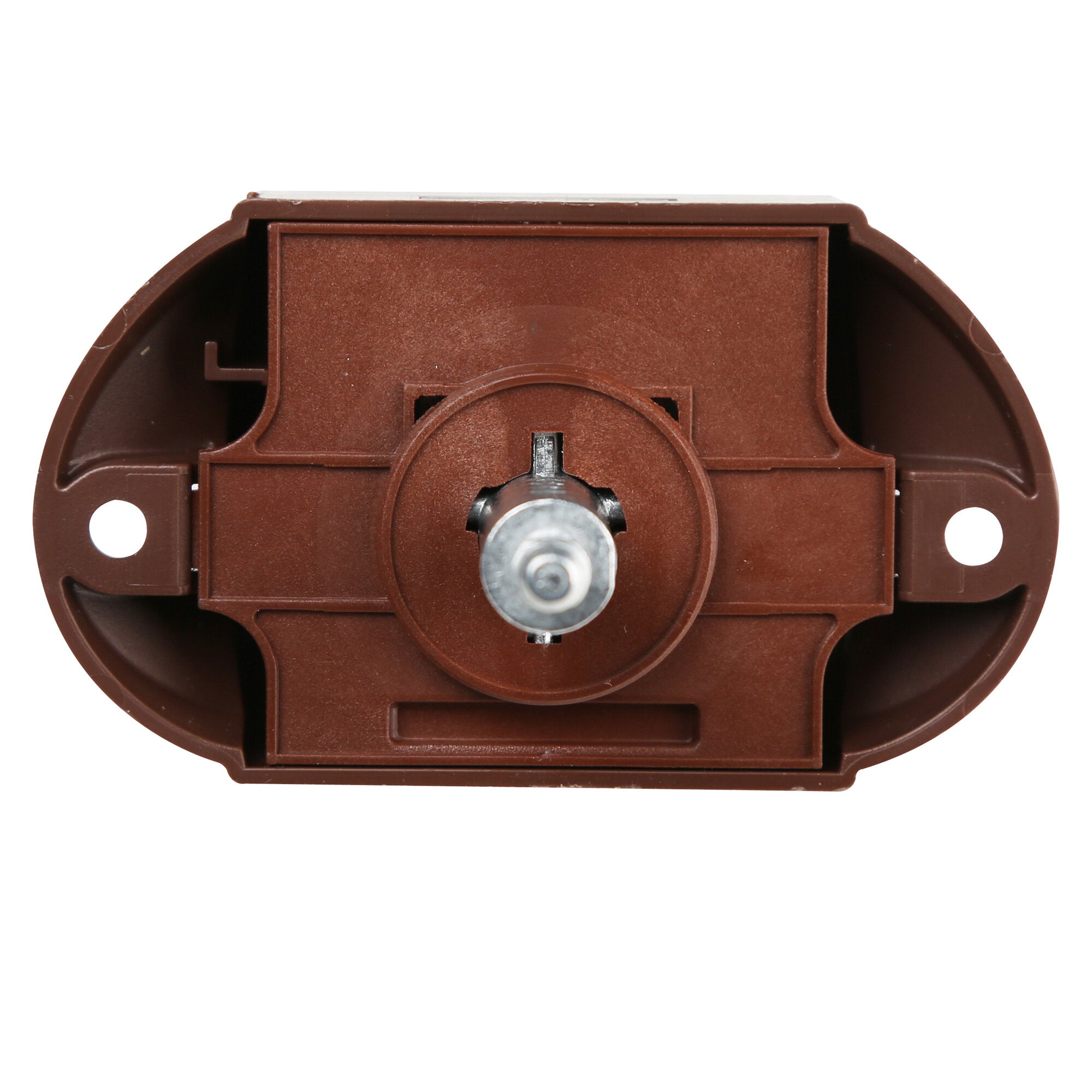 Detailaufnahme eines braunen Push-Lock Stangenschloss-Gehäuses mit zentraler Metallachse, Schraube und runder Basis mit Befestigungslöchern
