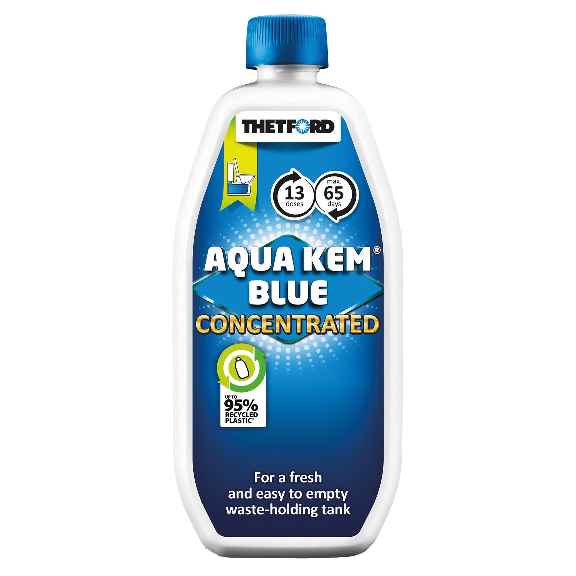 Weiße Flasche mit blauem Schraubdeckel und blauer Etikett, sichtbarer Aufdruck Aqua Kem Blue Concentrated, Dosierungs- und Recyclingzeichen auf dem Etikett