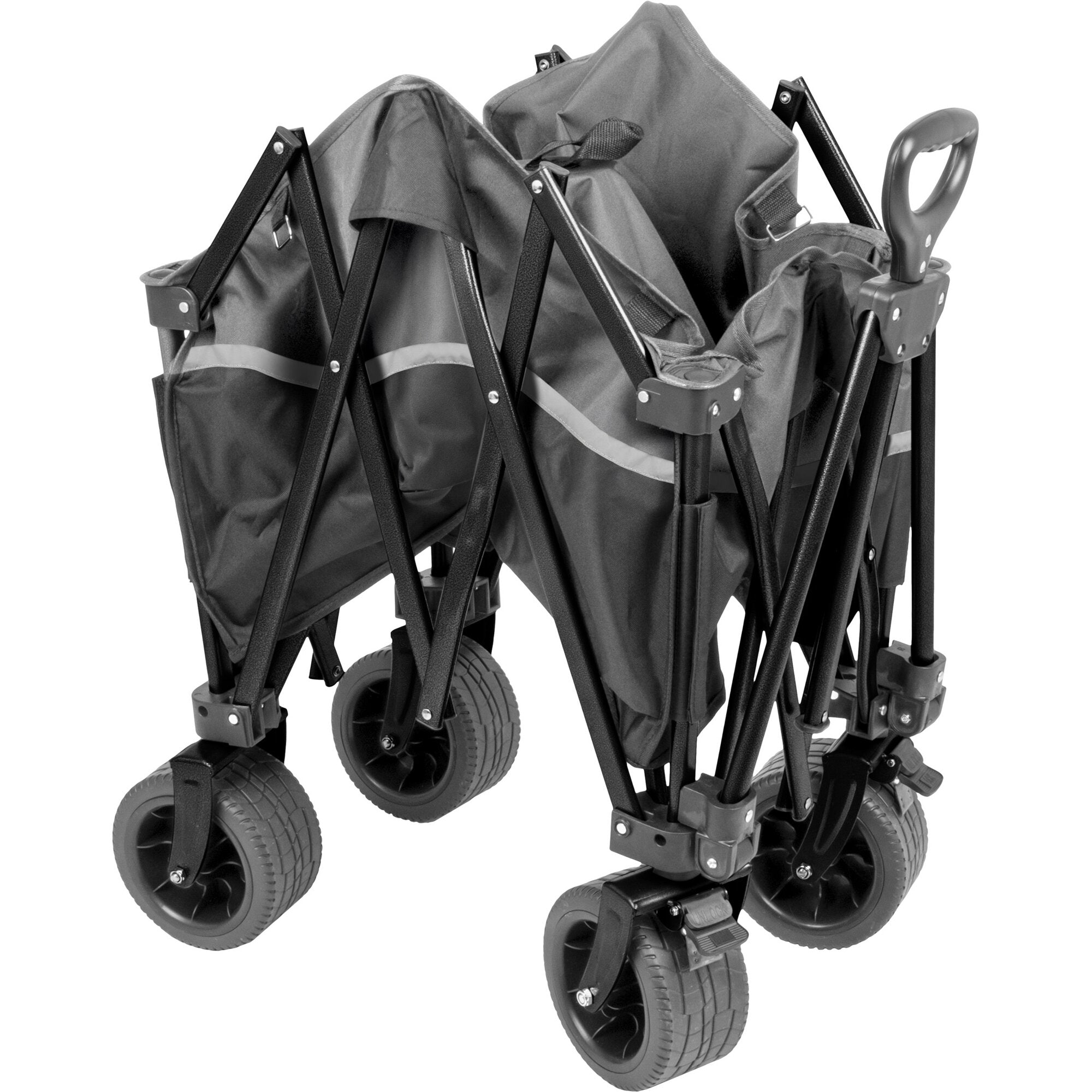 Faltbarer Bollerwagen Cargo Compact XL mit schwarzem Metallrahmen und grauen Tragetaschen, vier großen Rädern und Griff am rechten Seitenarm