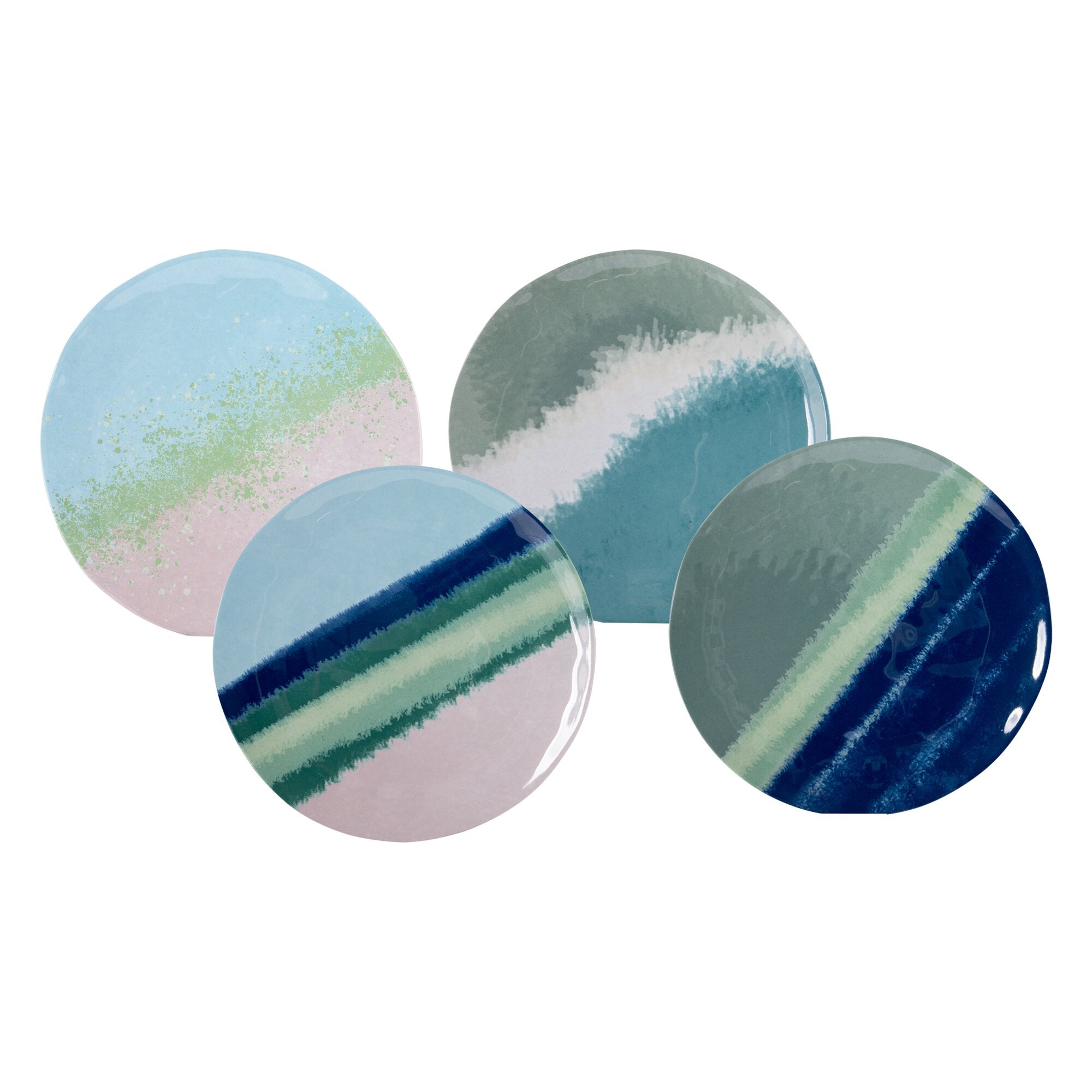 Mehrfarbige runde Teller in Aquarell-Optik in Pastellblau, Grün und Rosa, überlappend angeordnet; Halo-12-teiliges Geschirrset
