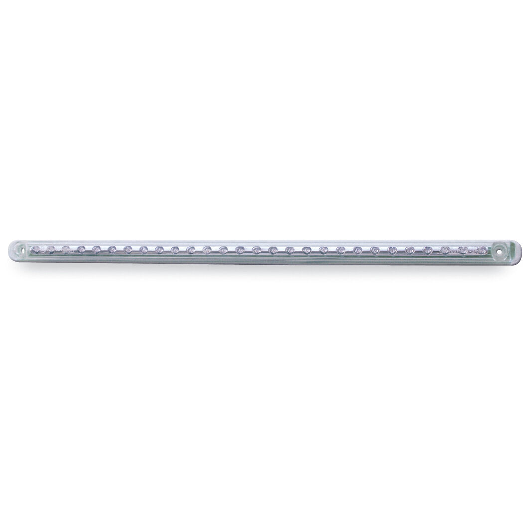 Lange flache LED-Lichtleiste im transparenten Gehäuse mit vielen kleinen weißen LEDs, Montagepunkte an beiden Enden sichtbar, Zusatzbremsleuchte