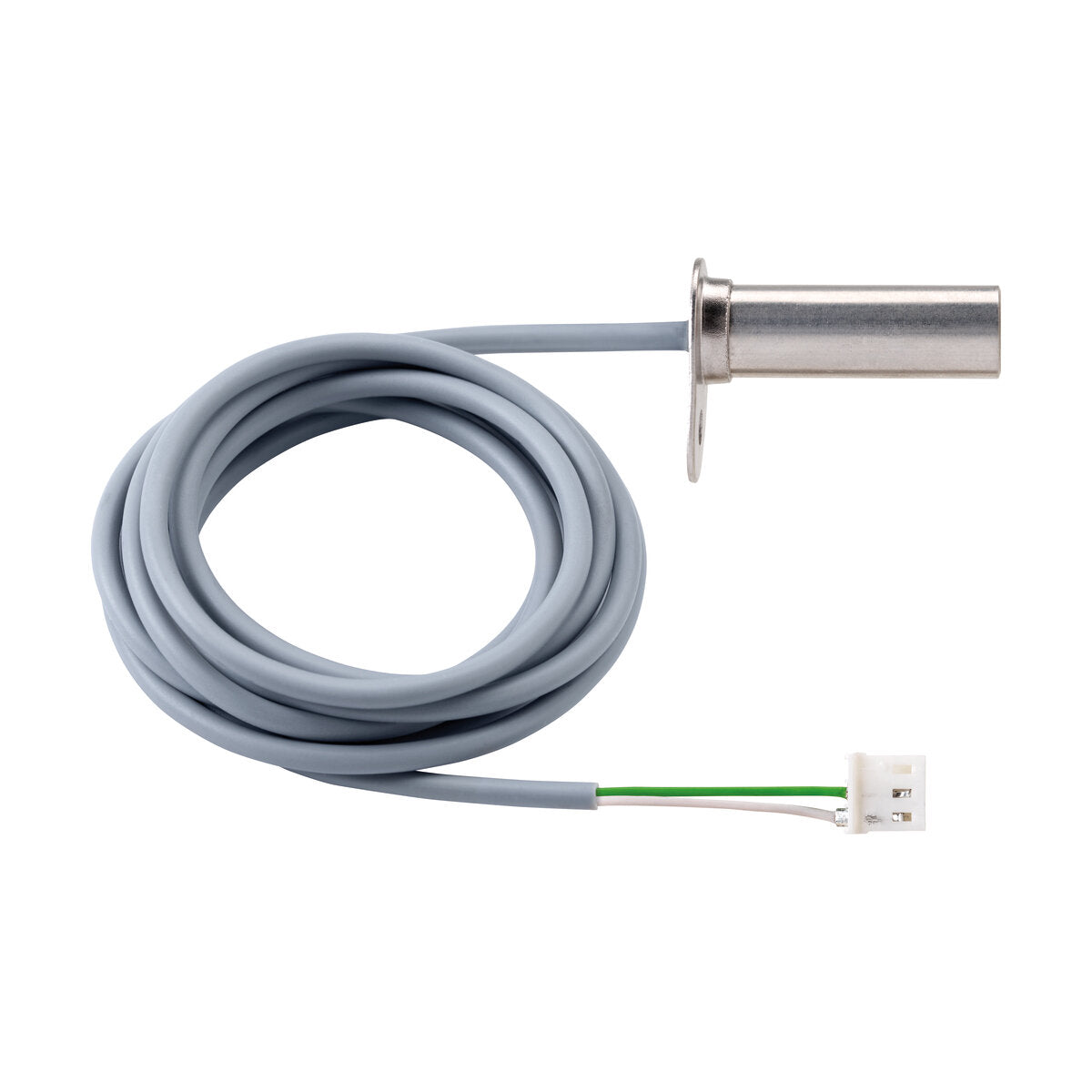 Grau isoliertes Kabel mit Metall-Temperatursensor und Montagering, am anderen Ende ein weißer 3-poliger Stecker mit grün-weißer Leitung sichtbar