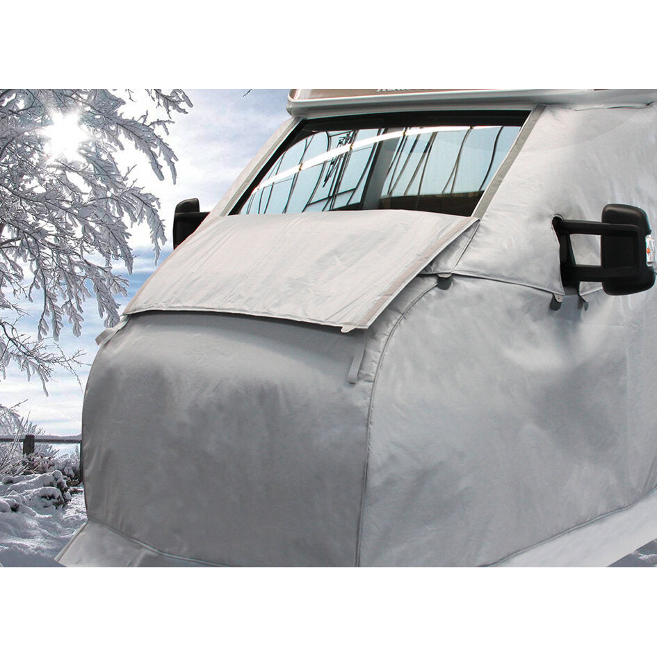 Graue Thermomatte LUX-DUO bedeckt das Oberteil eines Renault Master III-Kastenwagens, Frontpartie mit Abdeckung der Windschutzscheibe