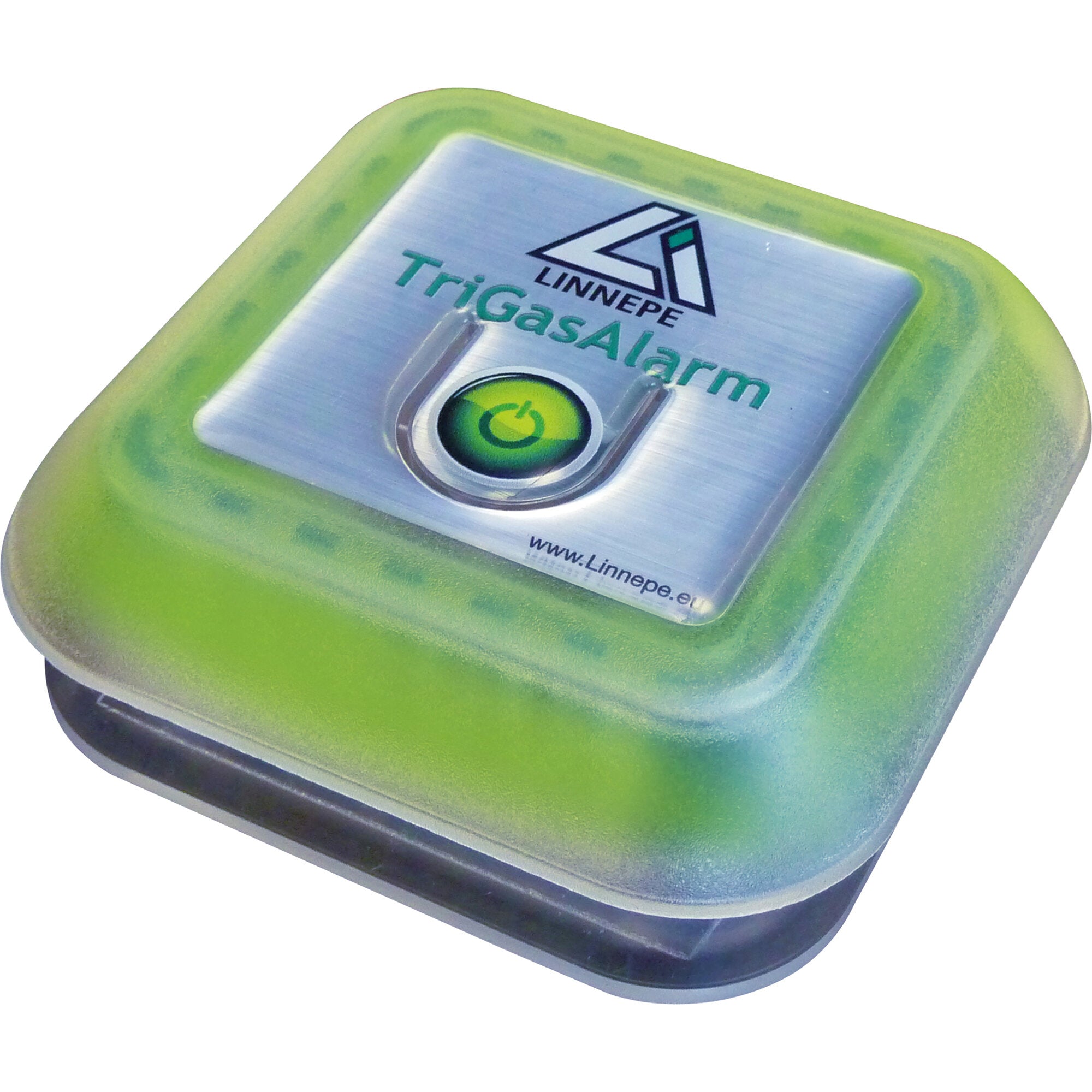 Nahaufnahme eines grün-transparenten Gas-Warngeräts TriGasAlarm mit Edelstahlplatte, Linnepe-Logo und grünem Startknopf