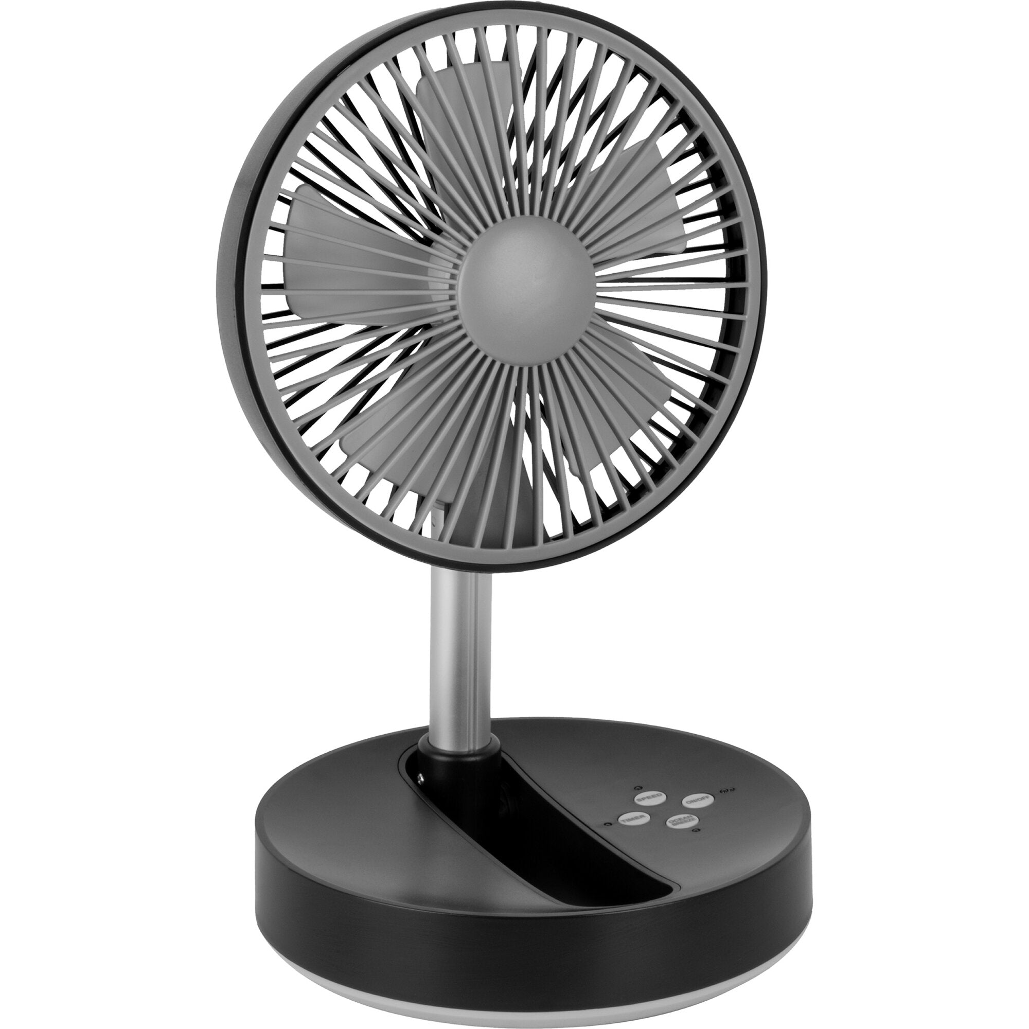 Ventilatorkopf mit rundem Schutzgitter und grauen Flügelblättern auf einem Metallständer, Basiseinheit mit Bedienelementen und Tasten