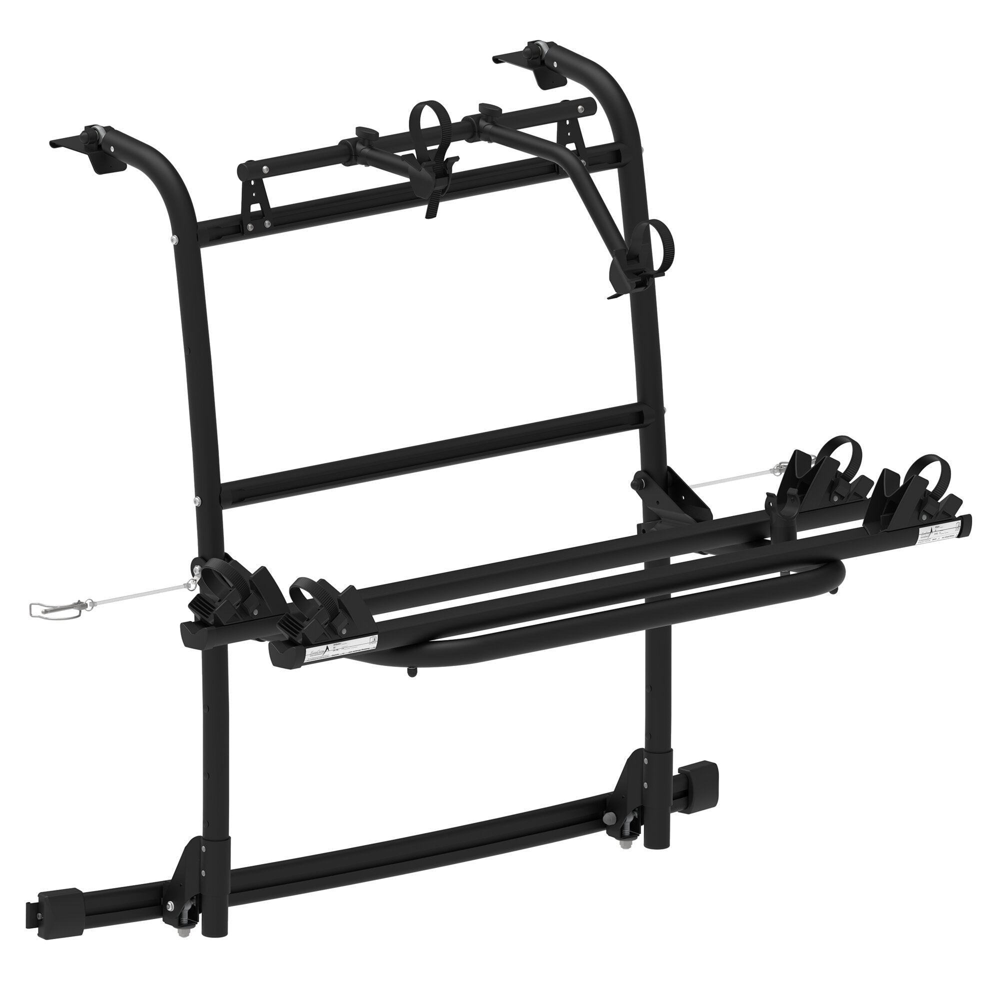 Schwarzer Fahrradträger aus Metall mit zwei gebogenen oberen Haltearmen, verstellbaren Klemmarmen, Spanngurt in der Mitte und Radhalterungen an der unteren Leiste