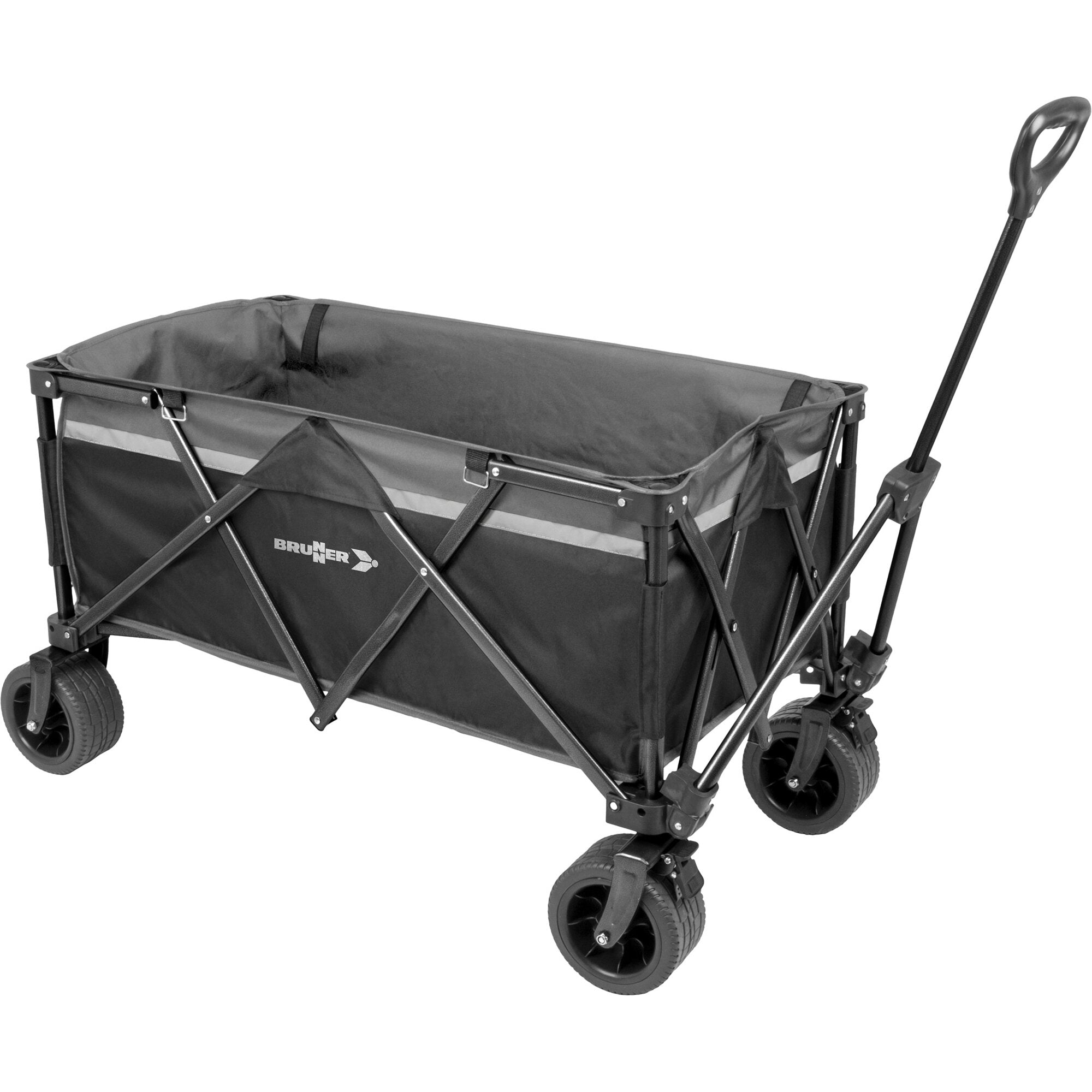 Brunner Cargo Compact XL faltbarer Bollerwagen mit dunkelgrauer Stoffwanne, Metallrahmen und vier großen Rädern, Griff sichtbar
