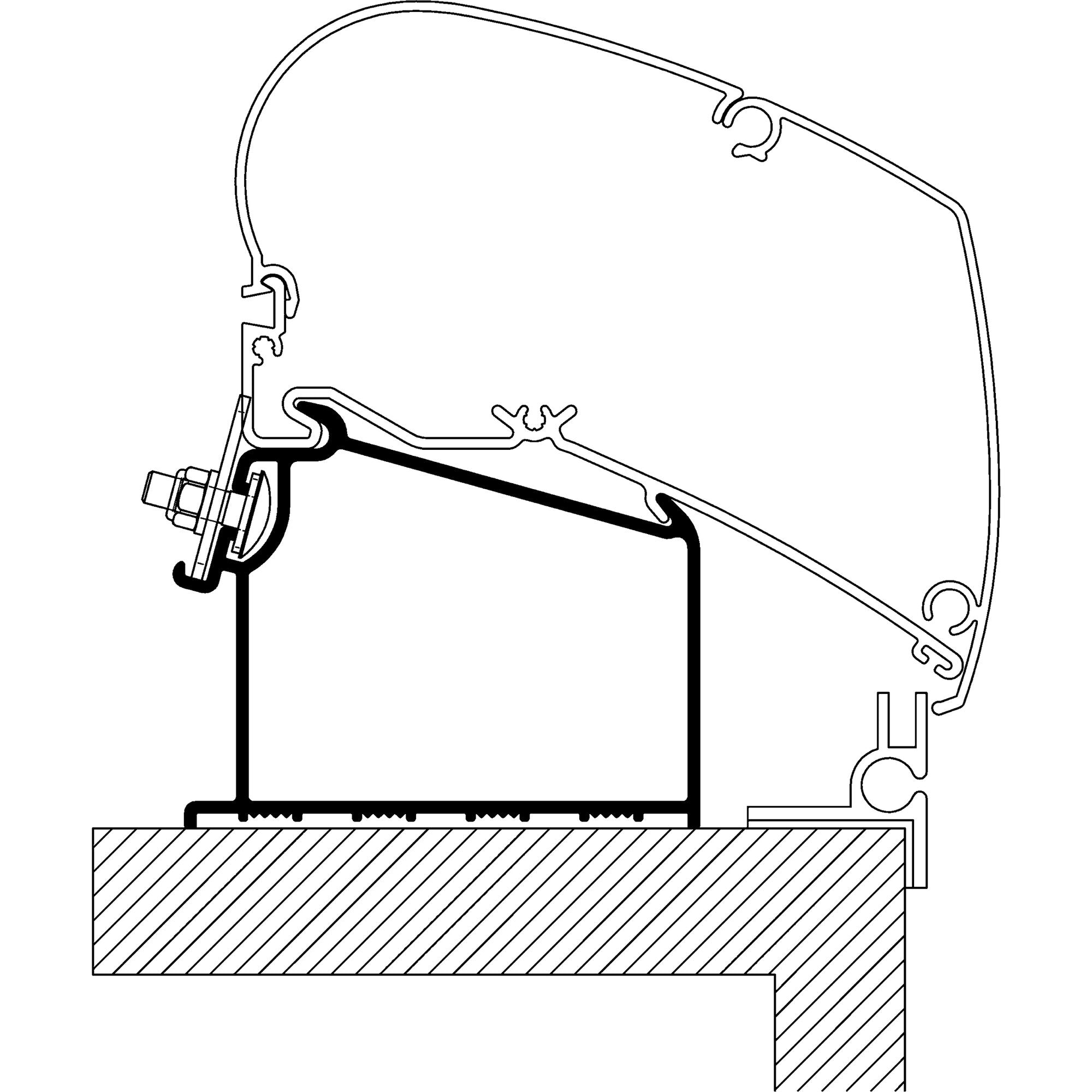 Skizze eines Dachadapters auf schraffierter Dachfläche; Klemme, gebogener Arm und Halteplatte sichtbar