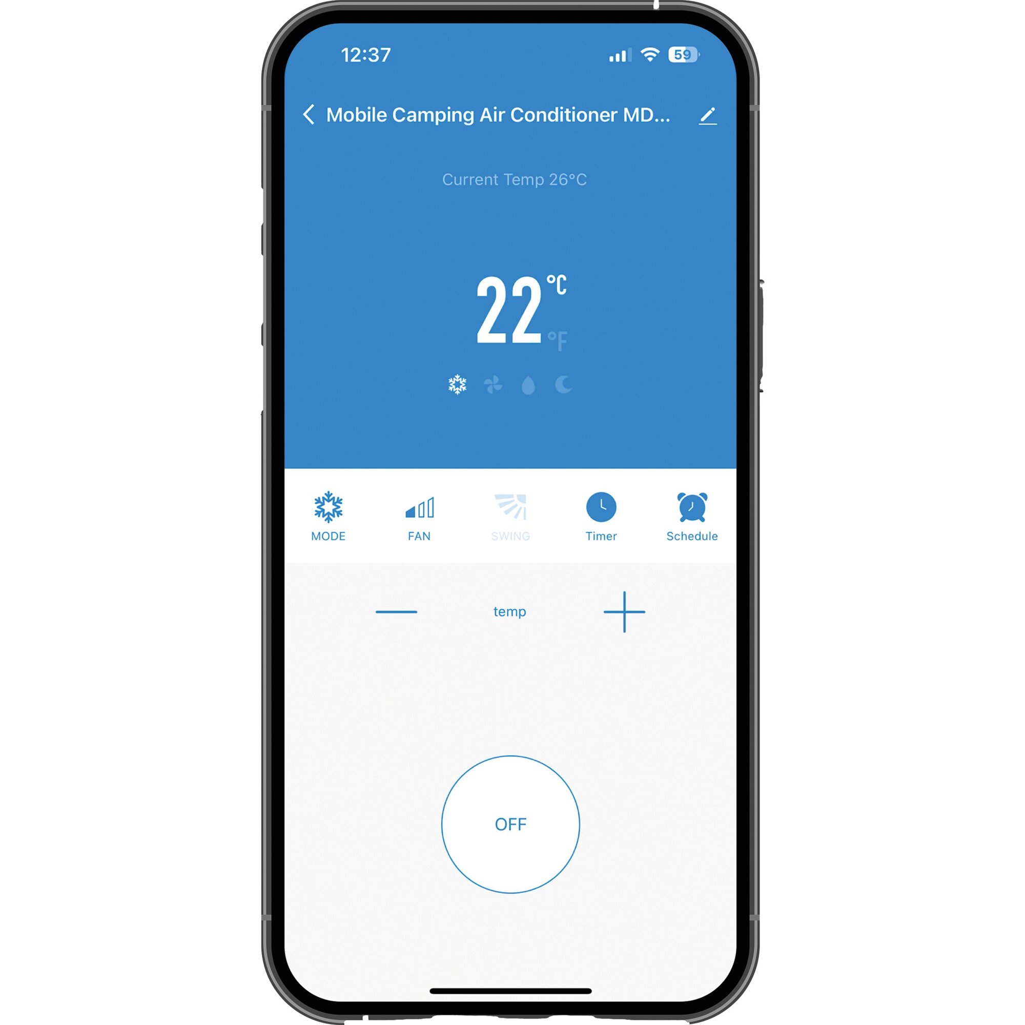 Smartphone-Display zeigt eine blaue App-Oberfläche zur Steuerung einer tragbaren Klimaanlage; aktuelle Temperatur 26°C, große 22°C Anzeige, OFF sichtbar