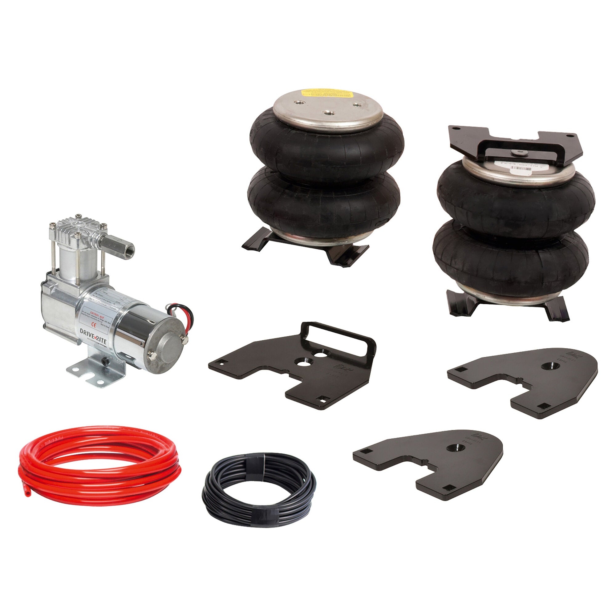 Set aus Luftfeder-Bälgen mit Metallplatten, Montagematerial, Kompressor und farbigen Druckluftschläuchen (rot und schwarz) sowie Halterungen