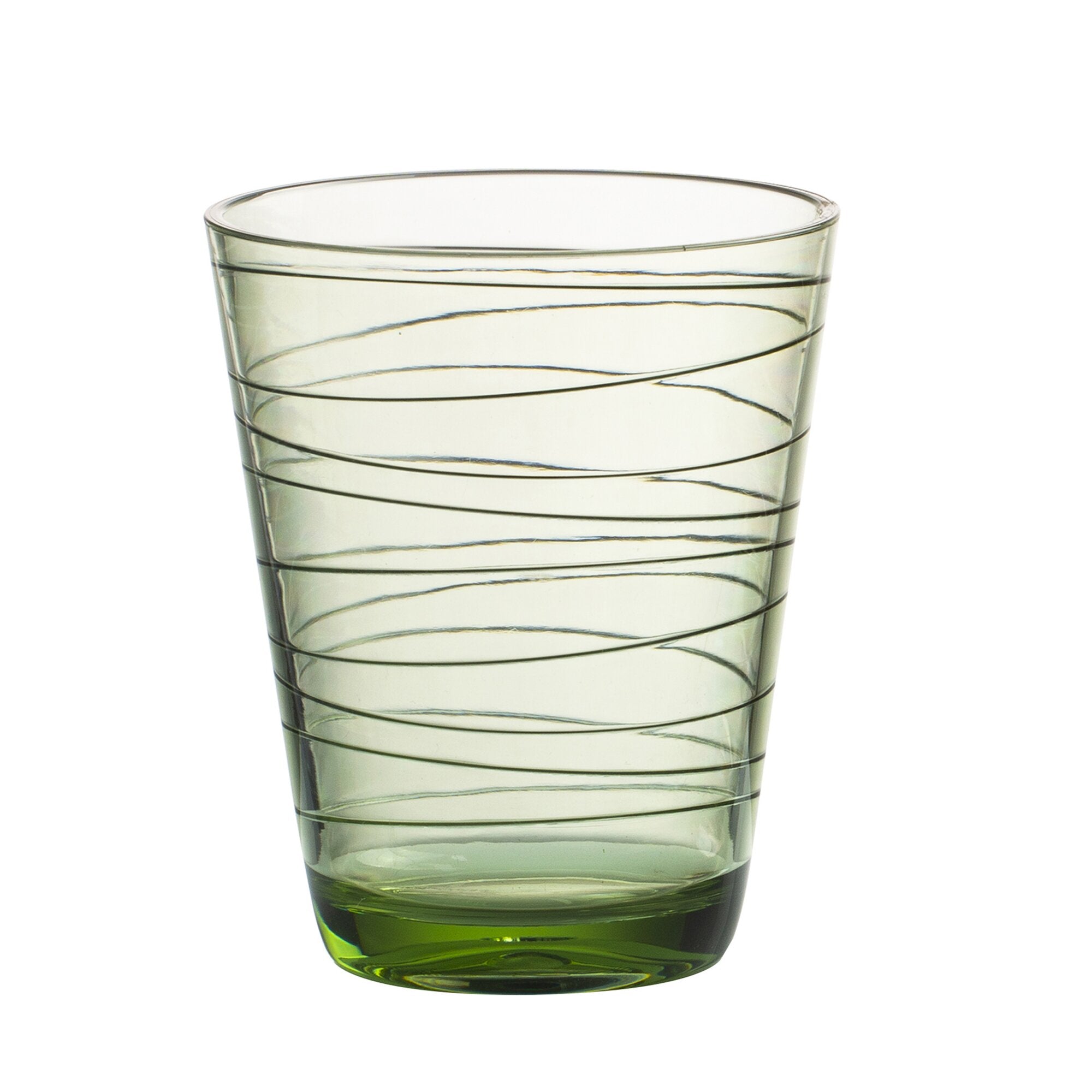 Nahaufnahme eines grünen Trinkglases mit spiralförmigen Rillen, durchsichtiges Glas, oberer Rand sichtbar