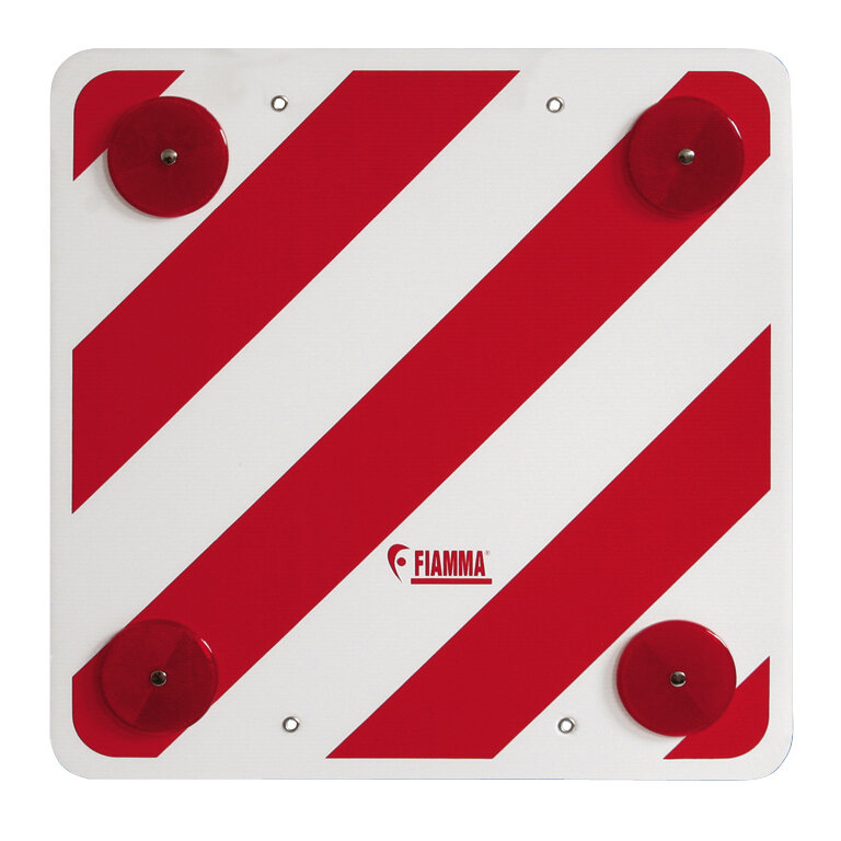 Warntafel mit weißem Hintergrund, diagonalen roten Streifen, vier roten runden Reflektoren in den Ecken und FIAMMA-Logo in der Mitte