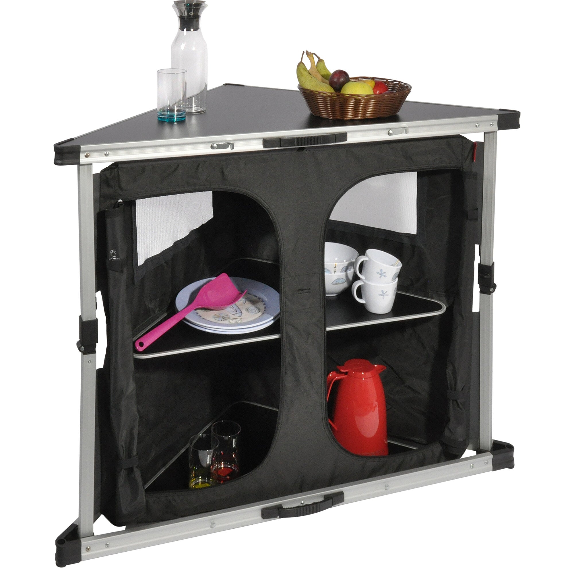 Campingschrank Corner Cabinet in dunkelgrau mit silbernem Rahmen; obere Ablage mit Flasche, Glas und Obstkorb, offene Fächer mit Tellern, Tassen und roter Kanne
