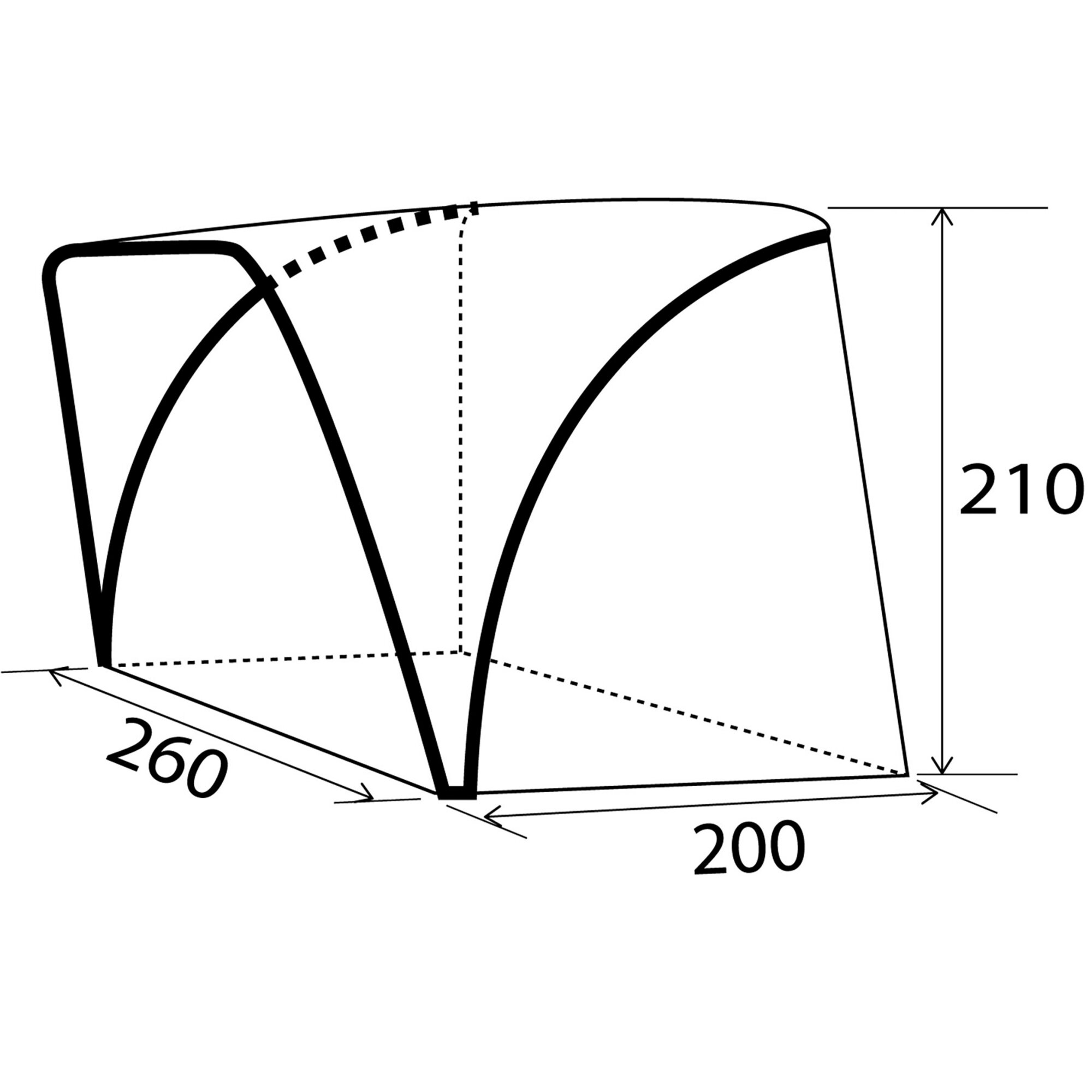 Technische Zeichnung eines Sonnendachs Rhombus Van mit rhombusförmigen Stützen, Dachplane und Maßangaben 260 cm Länge und 210 cm Höhe