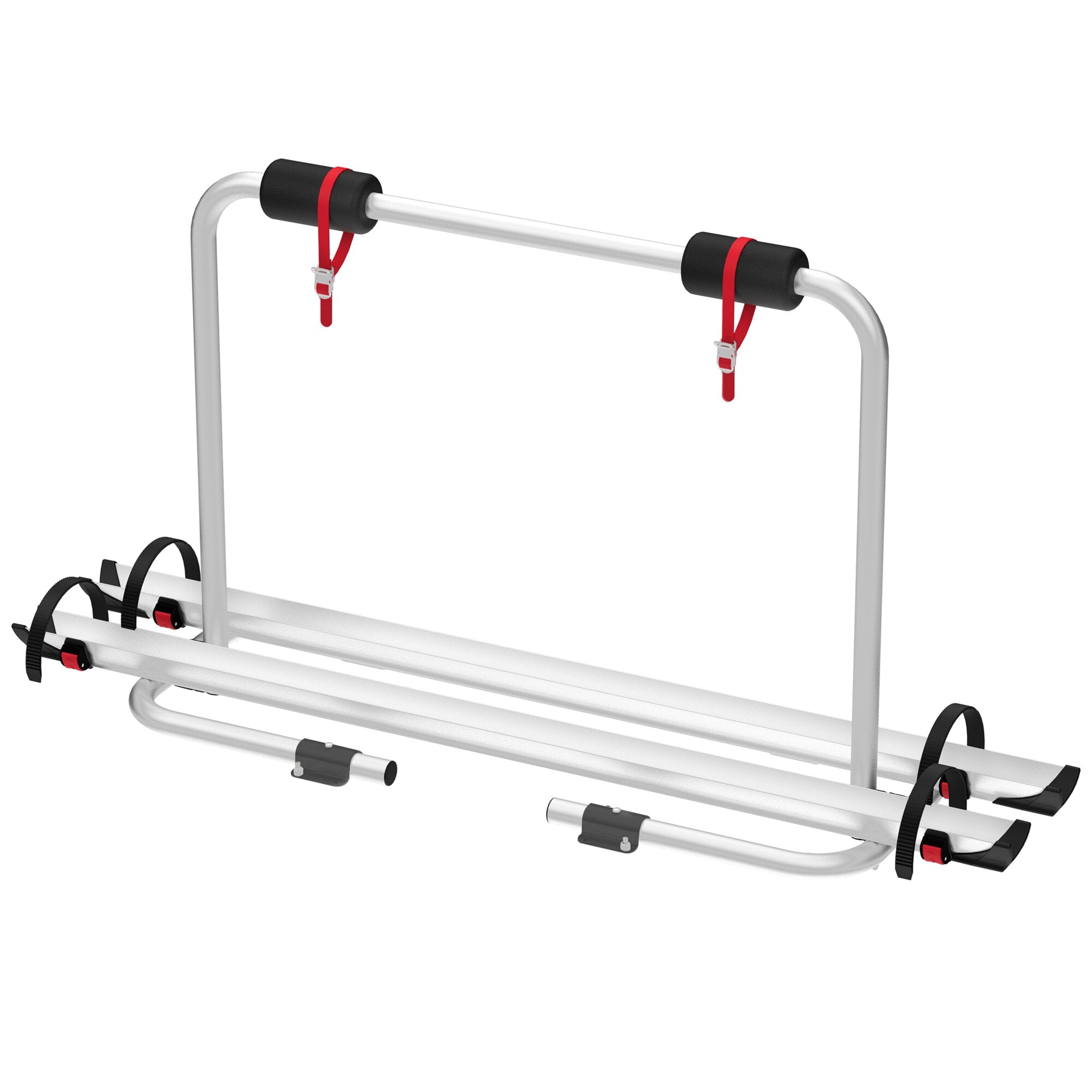 Carry-Bike Caravan XL A Deichselträger, obere Querstange mit schwarzen Schaumstoff-Puffern, rote Spanngurte mit Schnallen